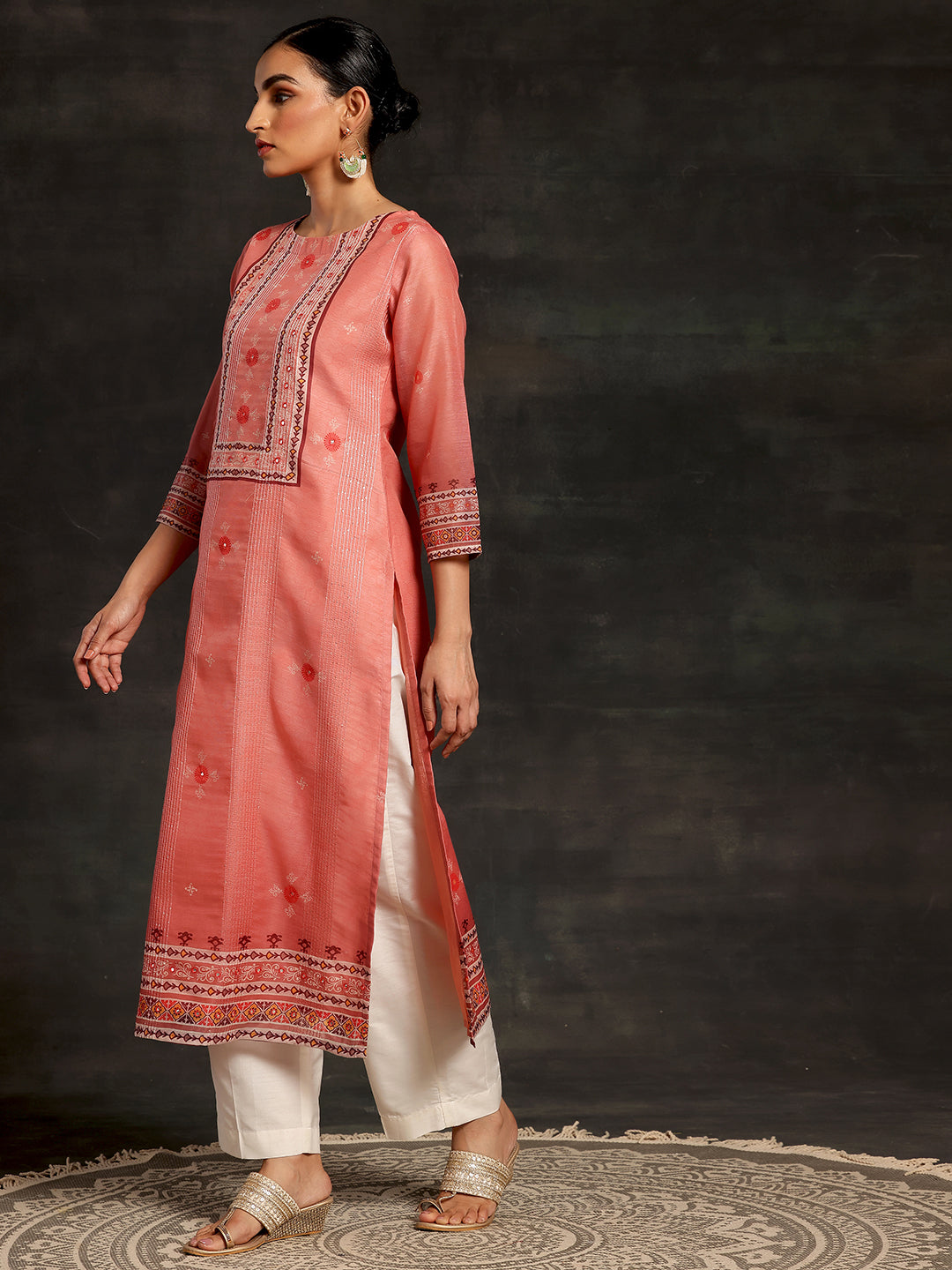 Pink Embellished Chanderi Silk Straight Kurta