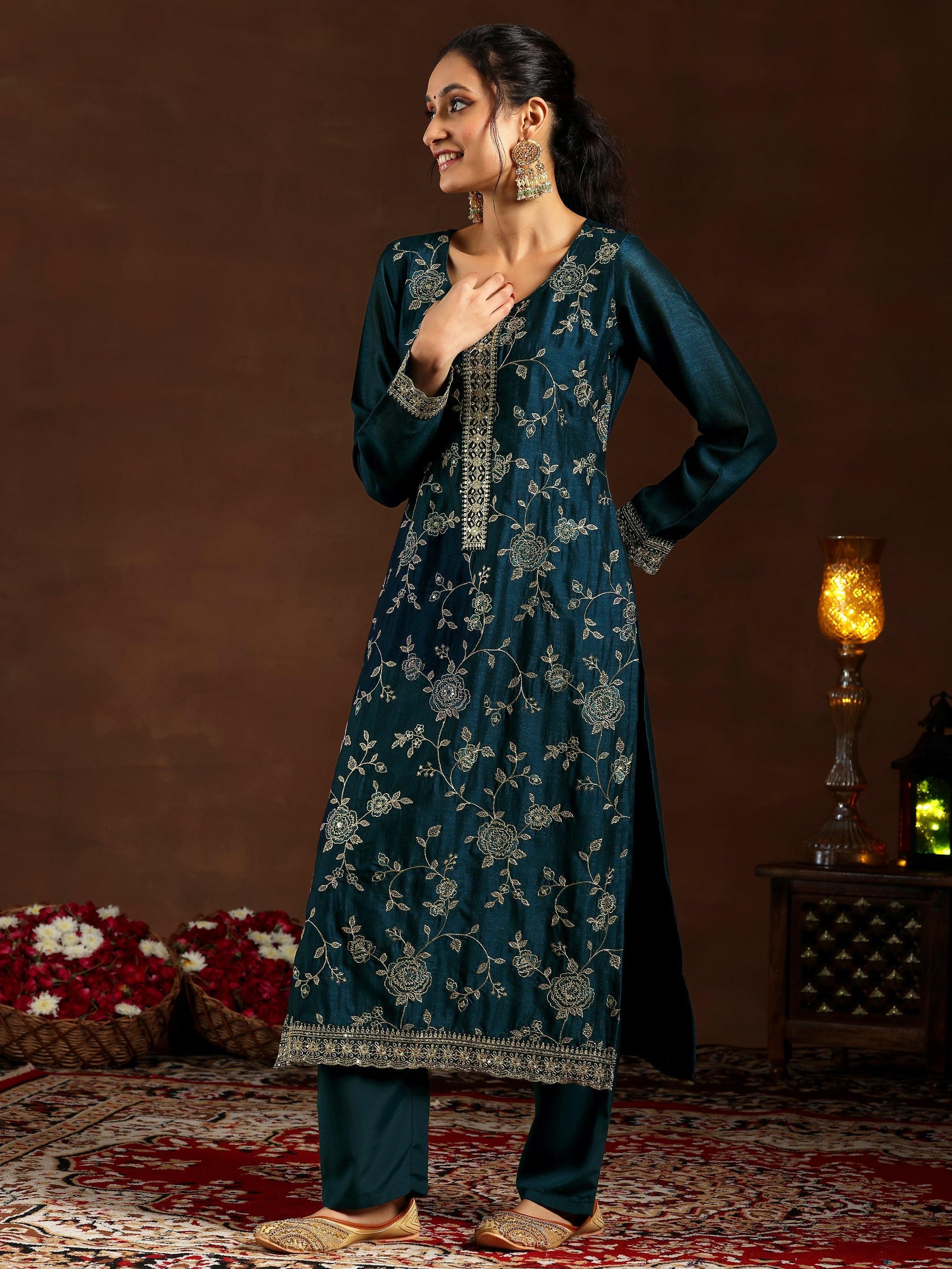 Teal Embroidered Silk Blend Straight Suit With Dupatta