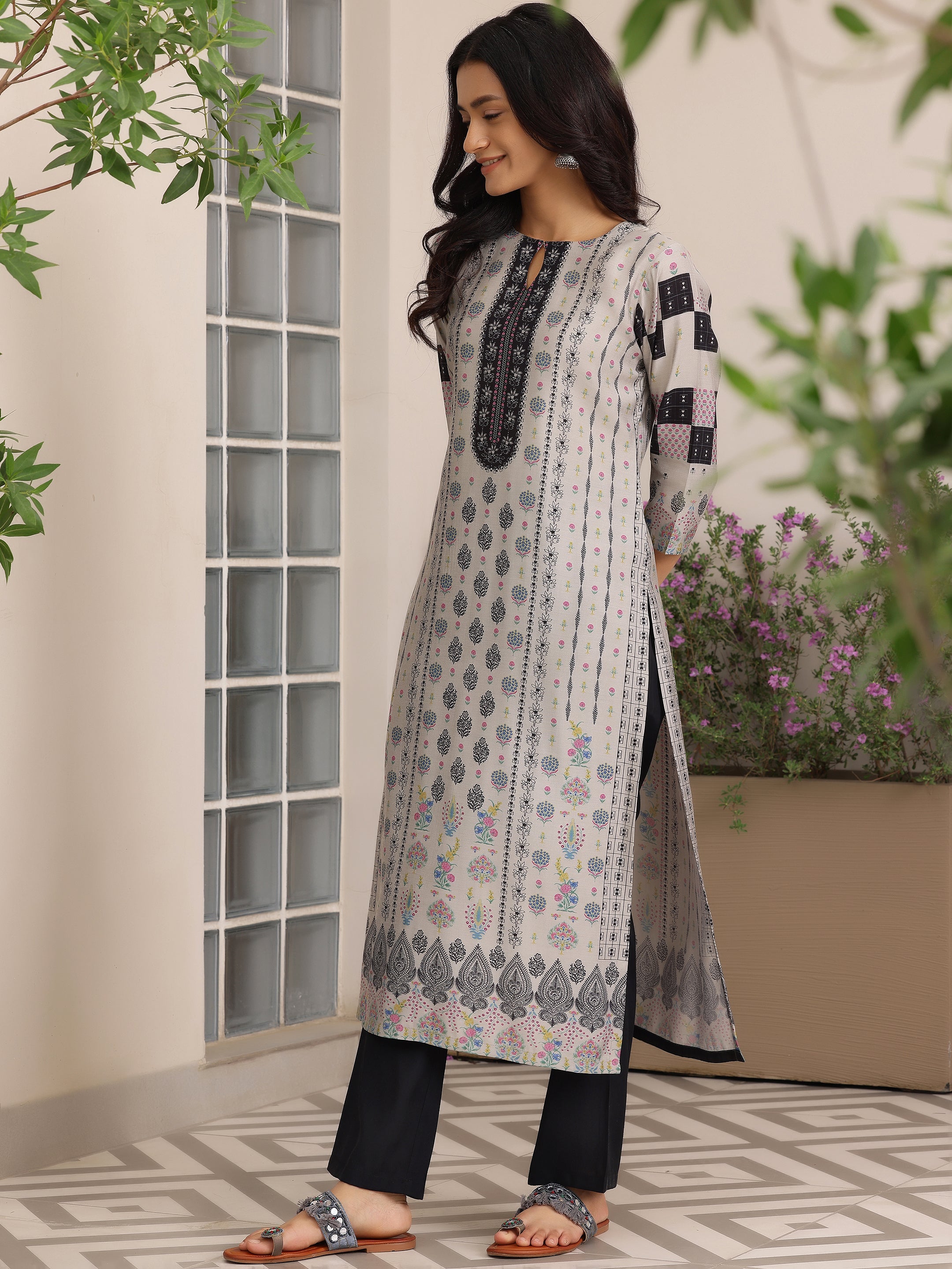 Grey Printed Silk Blend Straight Suit With Dupatta