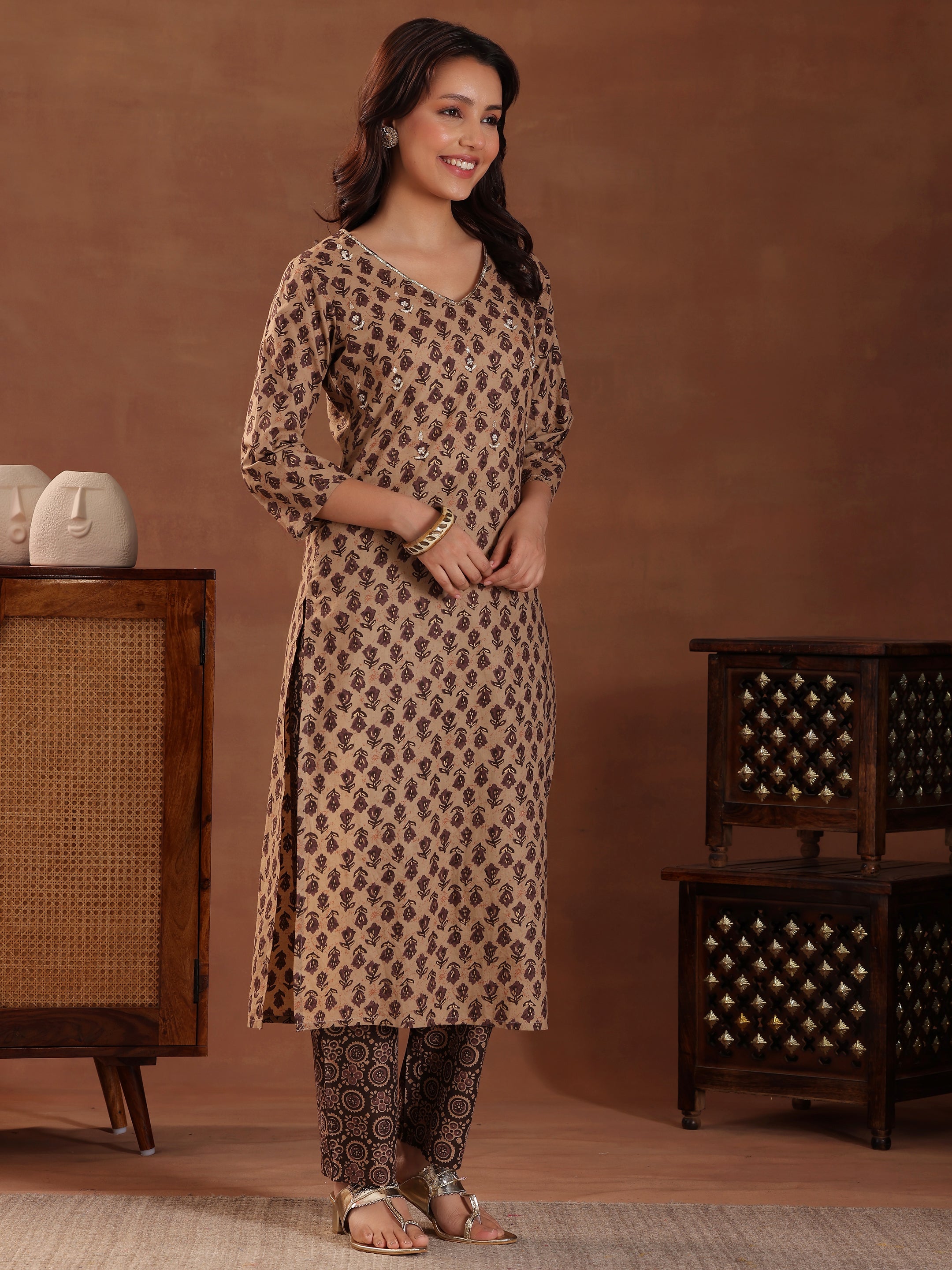 Brown Printed Cotton Straight Suit With Dupatta