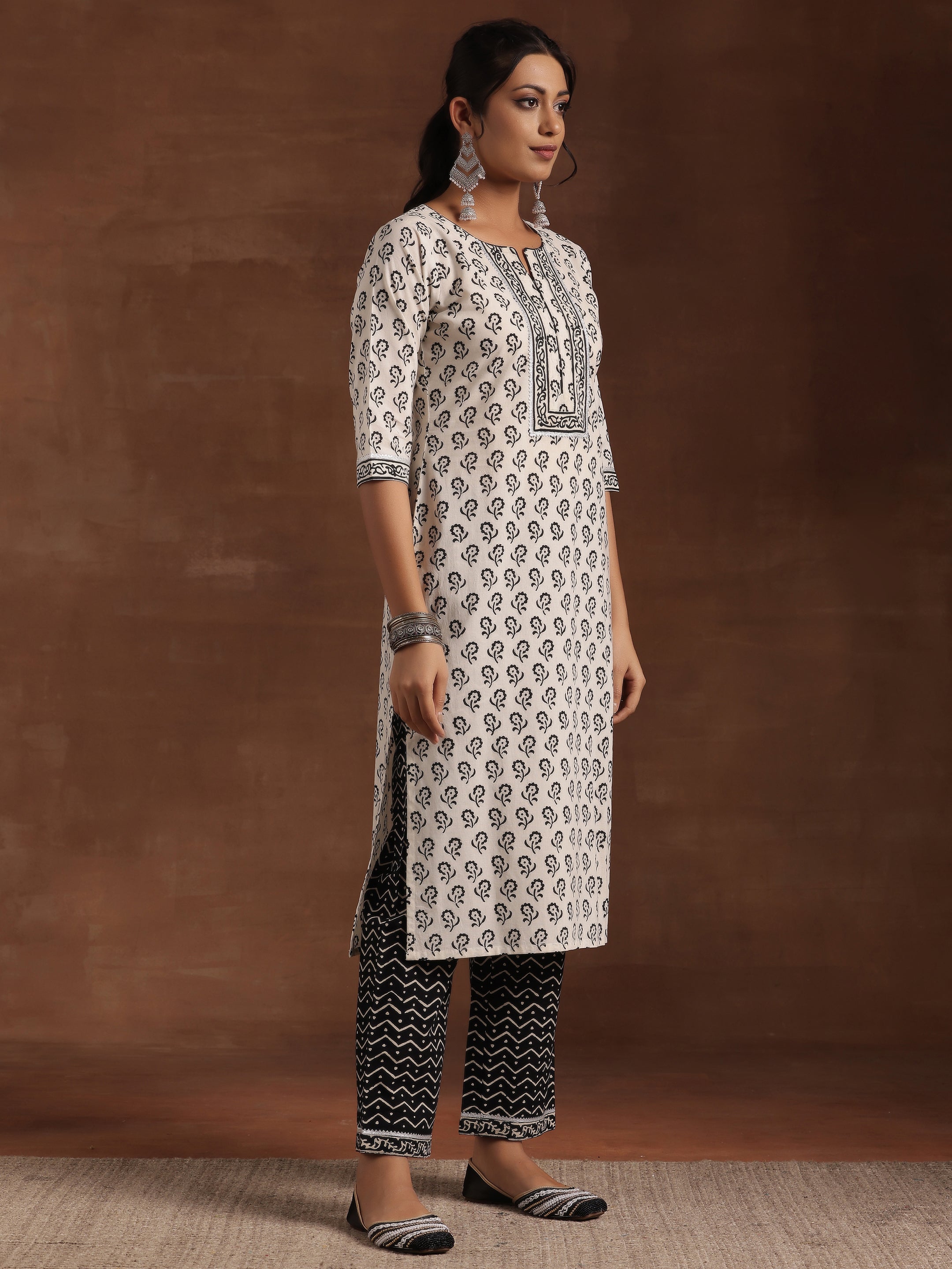 Monochrome Printed Cotton Straight Suit With Dupatta