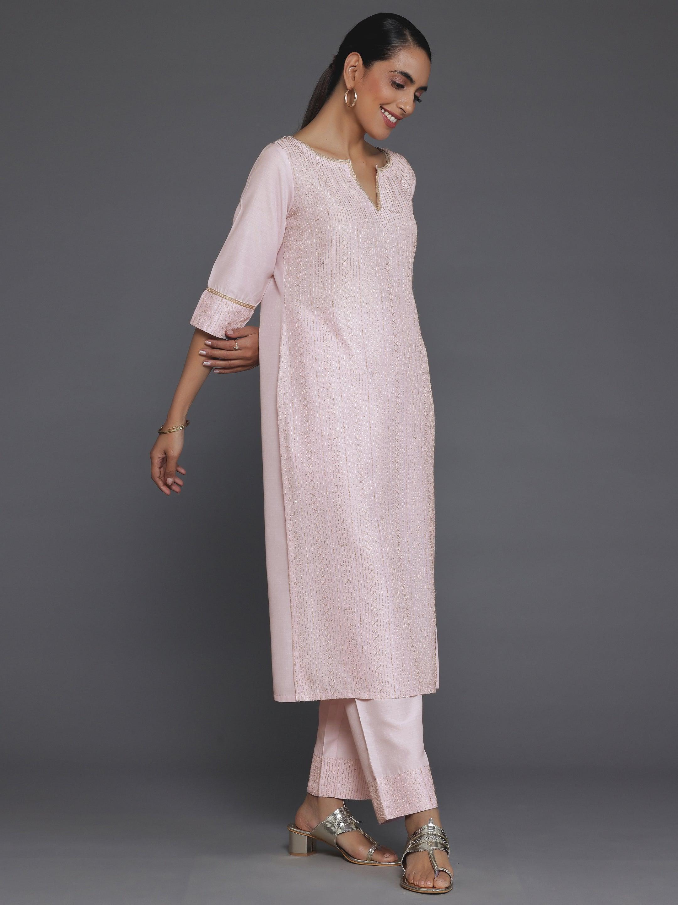 Pink Self Design Silk Blend Straight Suit With Dupatta