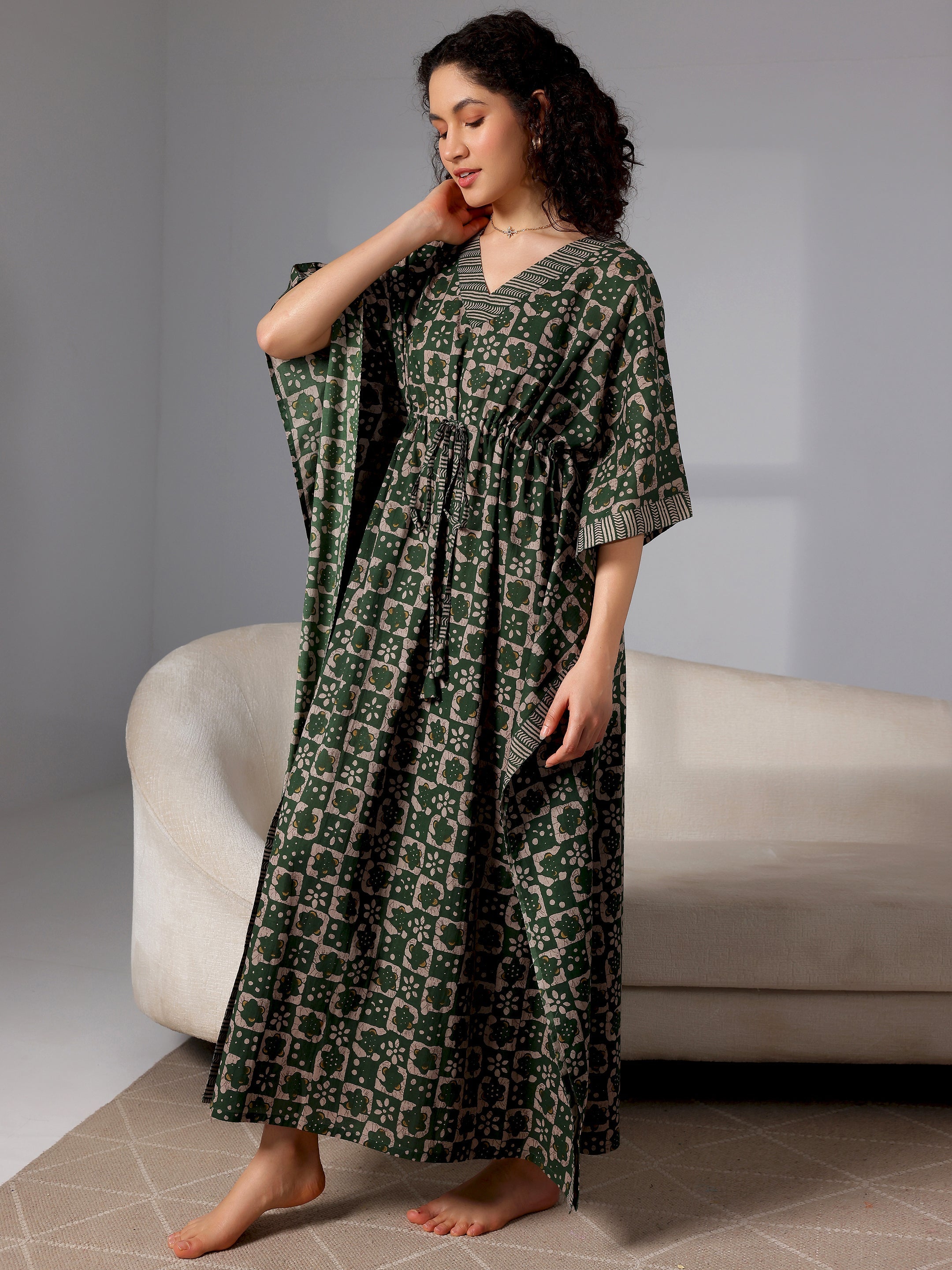 Green Printed Cotton Kaftan Night Dress