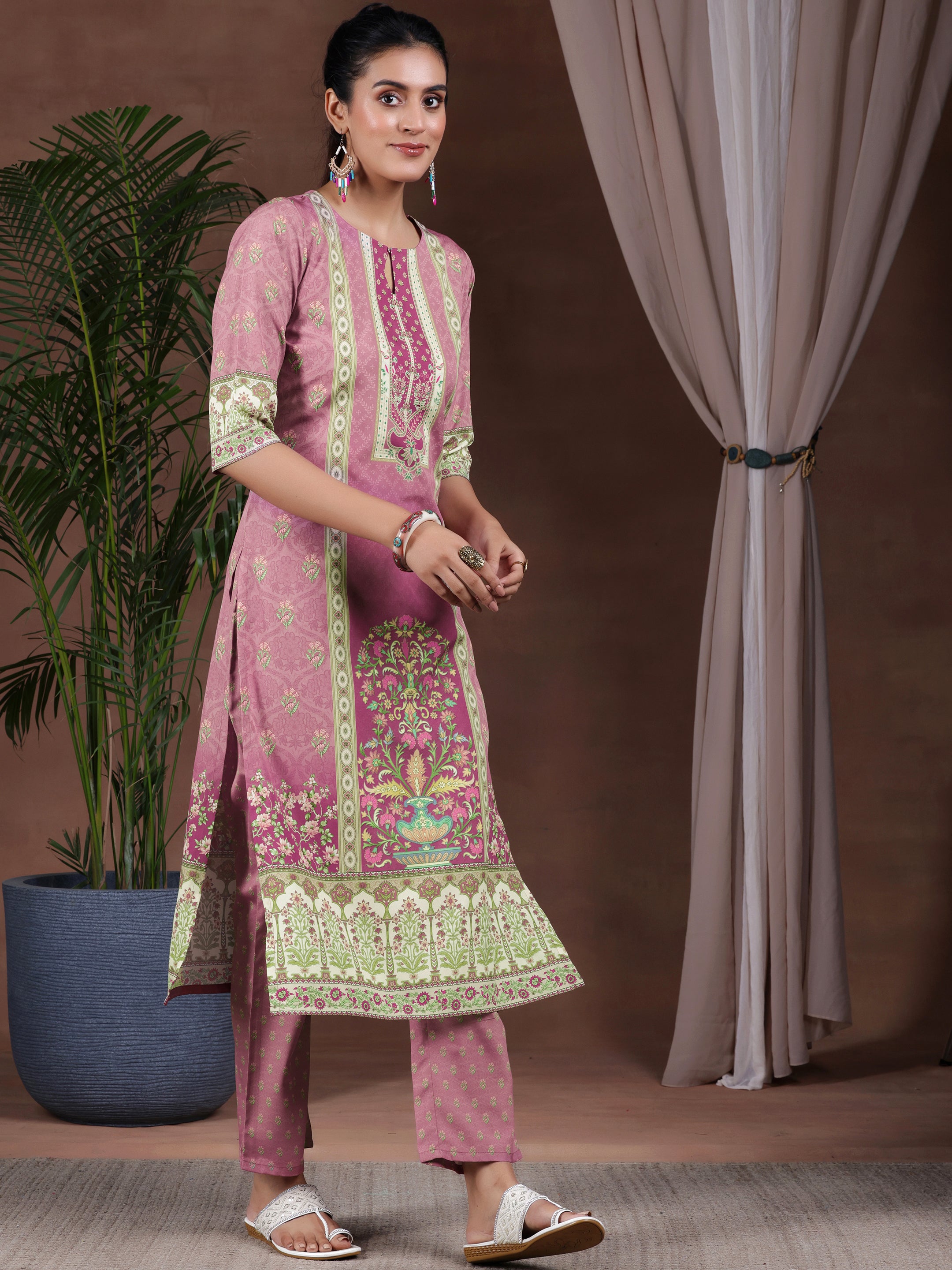 Mauve Printed Poly Crepe Straight Suit With Dupatta