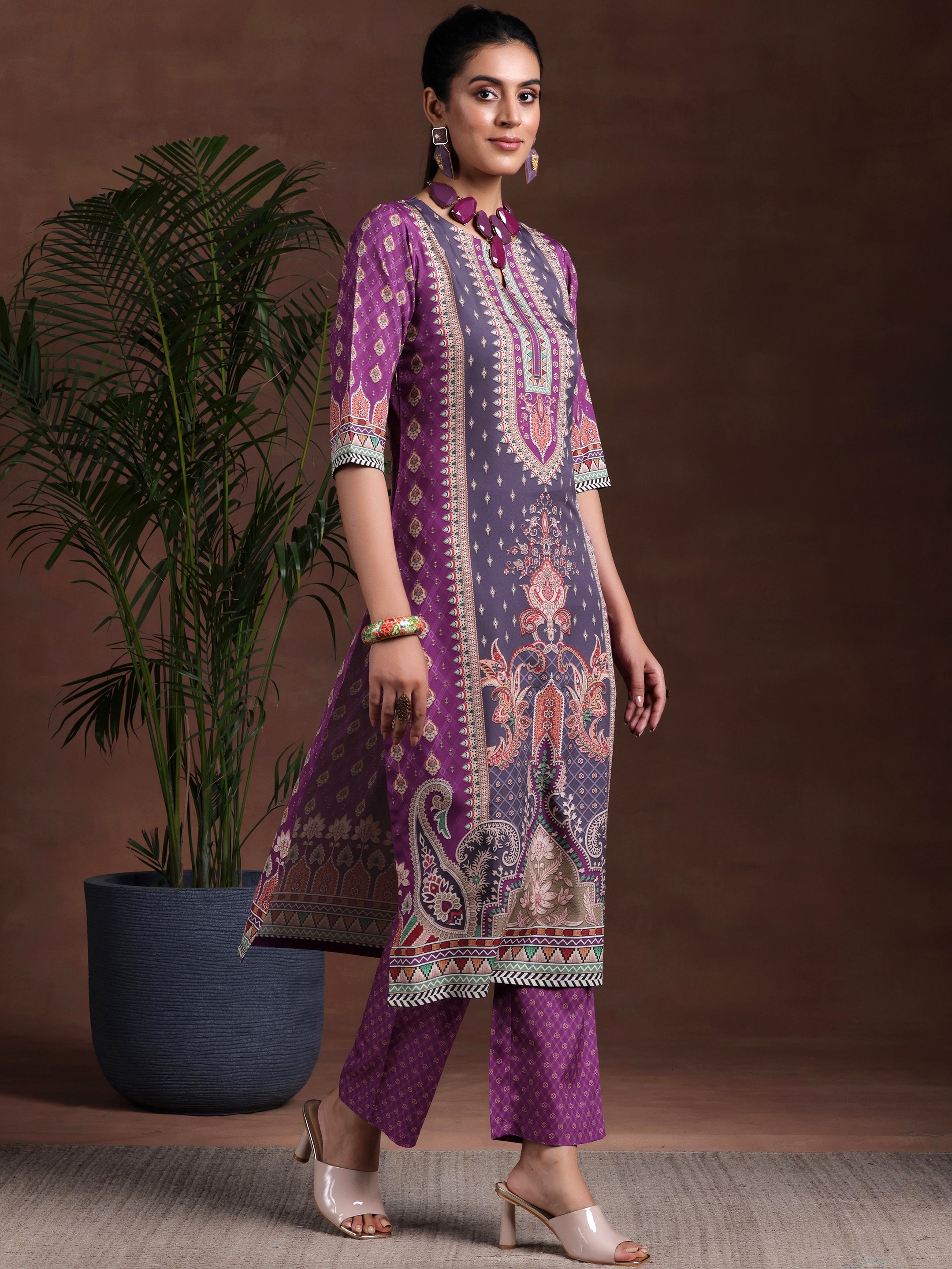 Purple Printed Poly Crepe Straight Suit With Dupatta