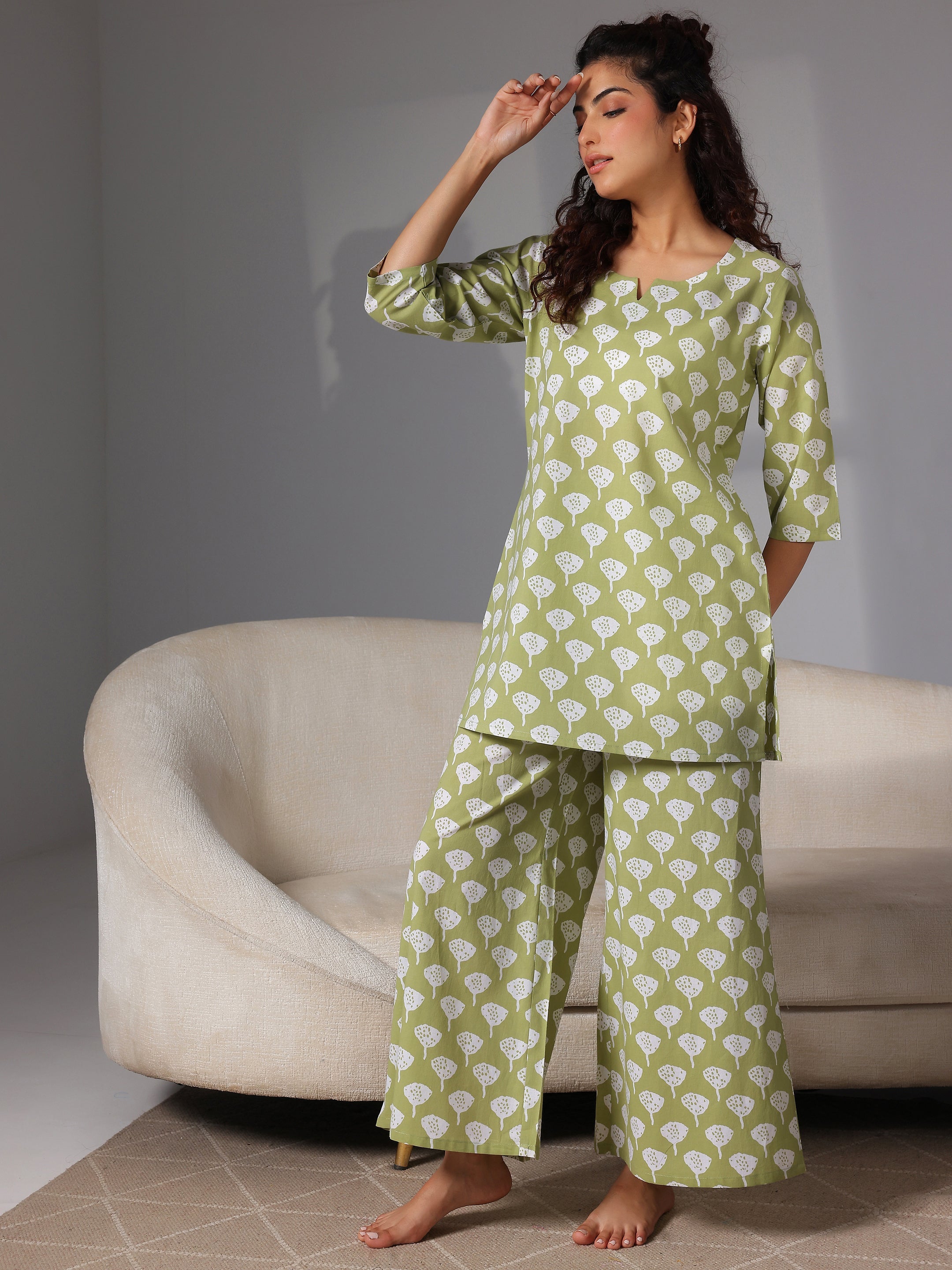 Green Printed Cotton Night Suits