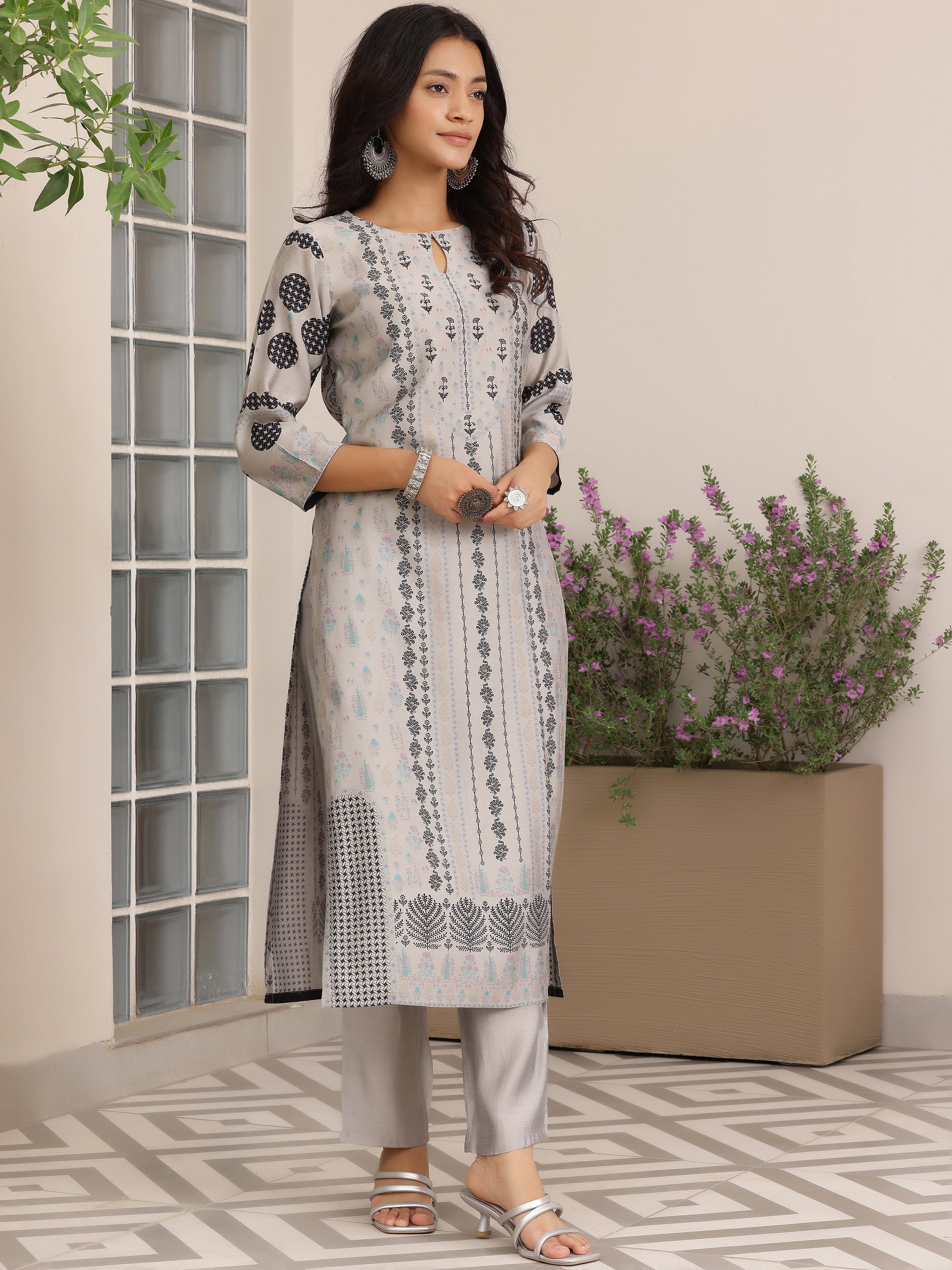 Grey Printed Silk Blend Straight Suit With Dupatta