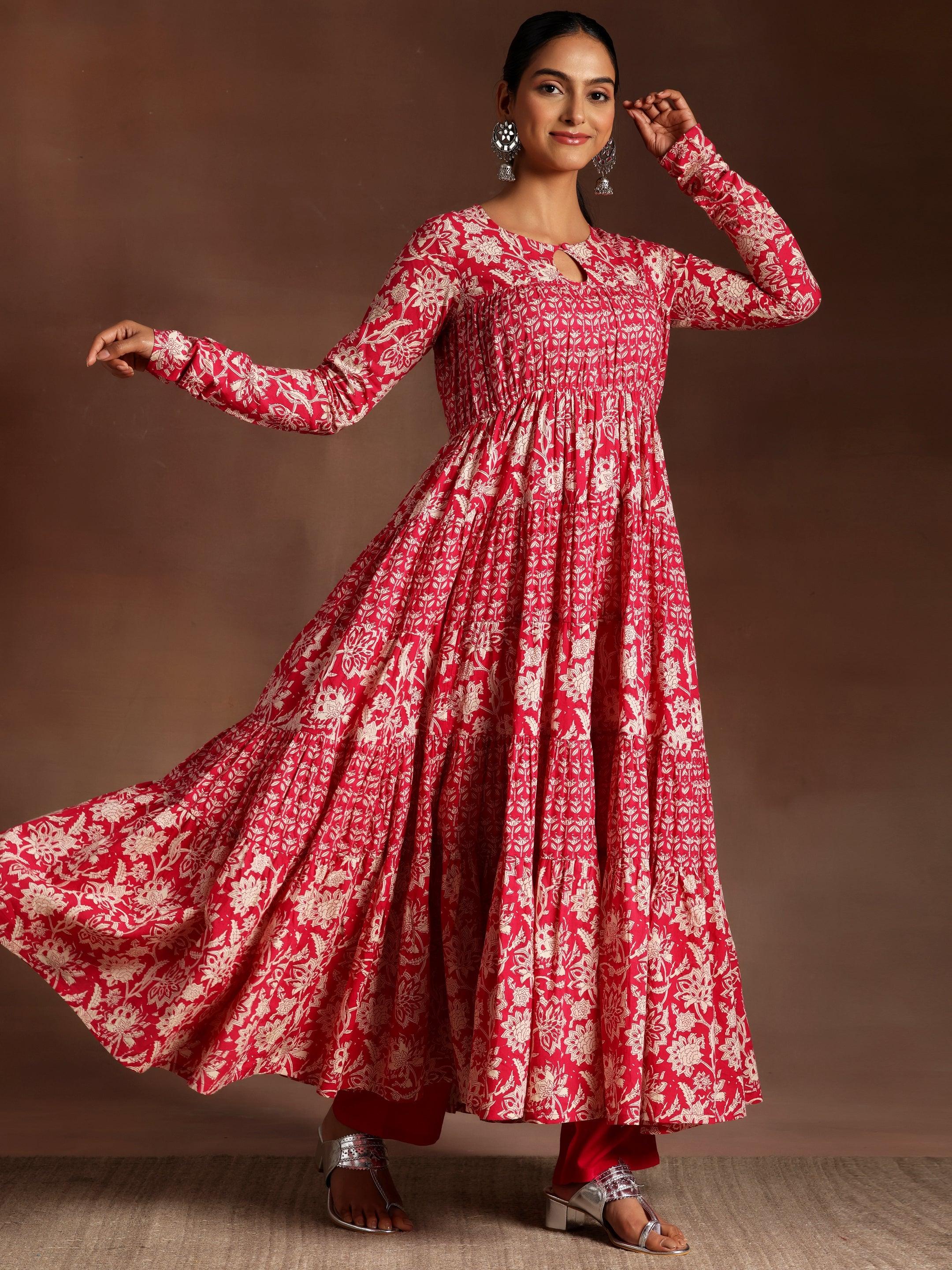 Chinar Pink Printed Cotton A-Line Kurta With Trousers & Dupatta