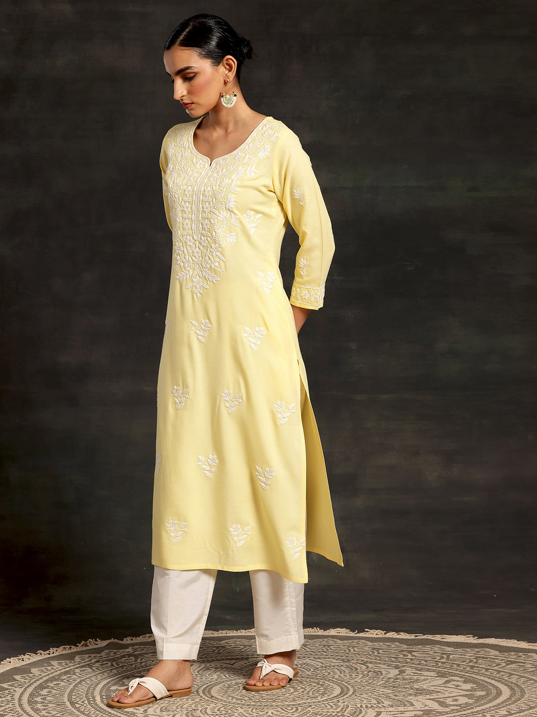 Yellow Embroidered Rayon Straight Kurta