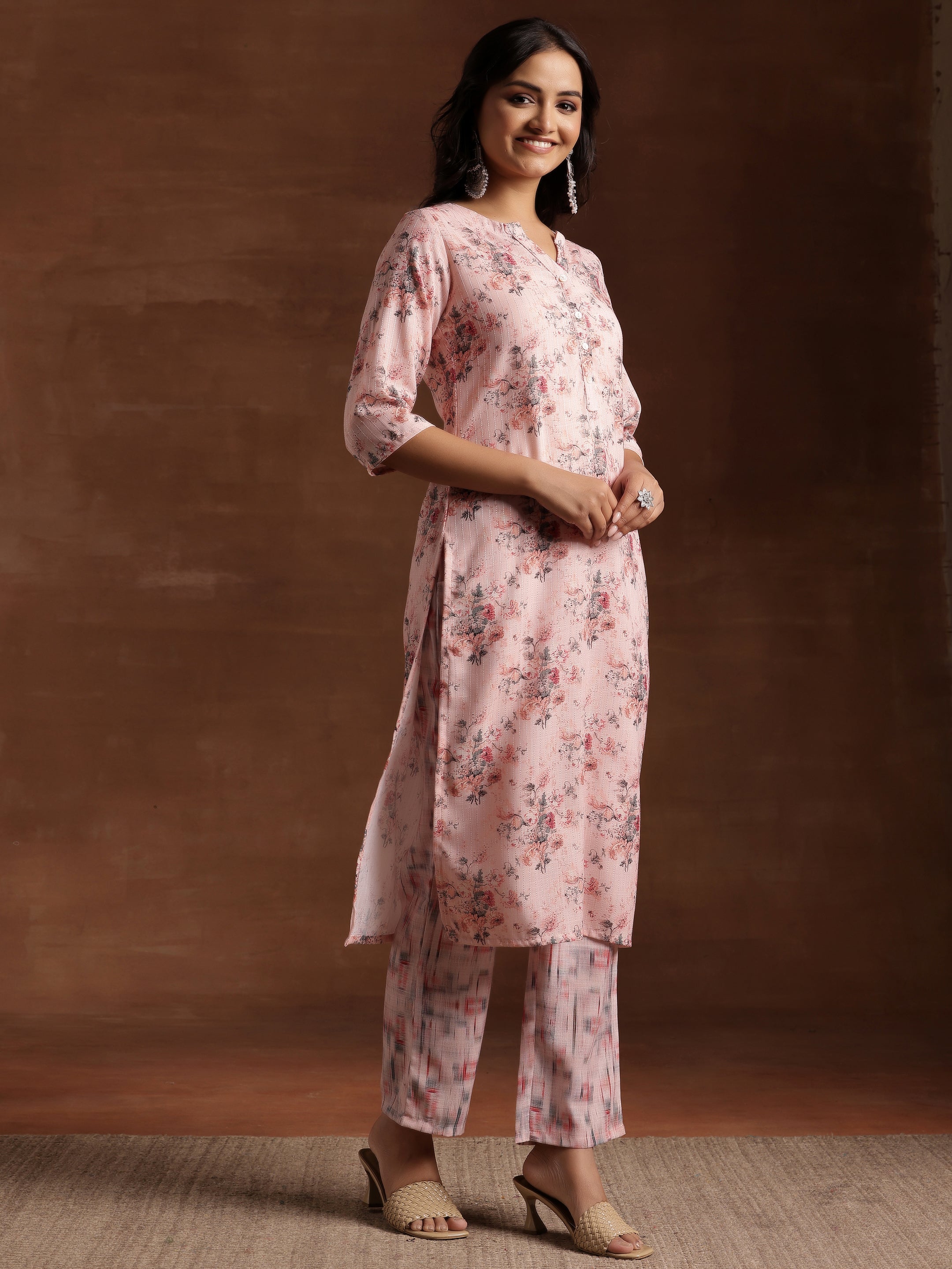 Peach Printed Cotton Straight Suit With Dupatta