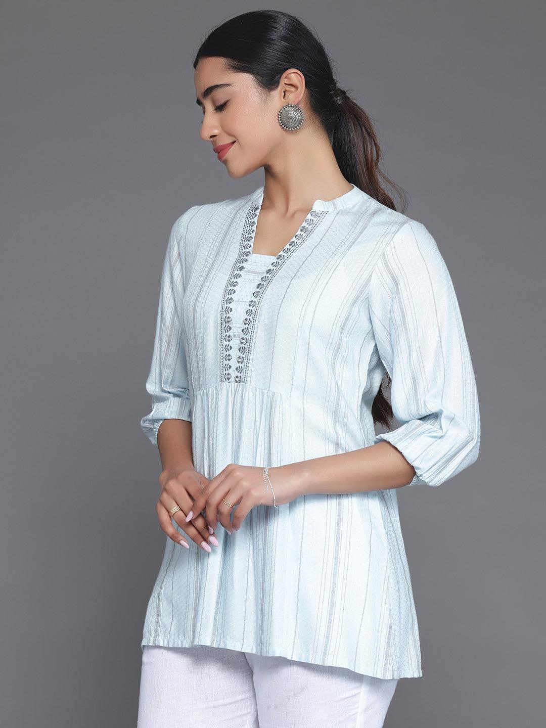 Blue Woven Design Cotton Blend Straight Kurti