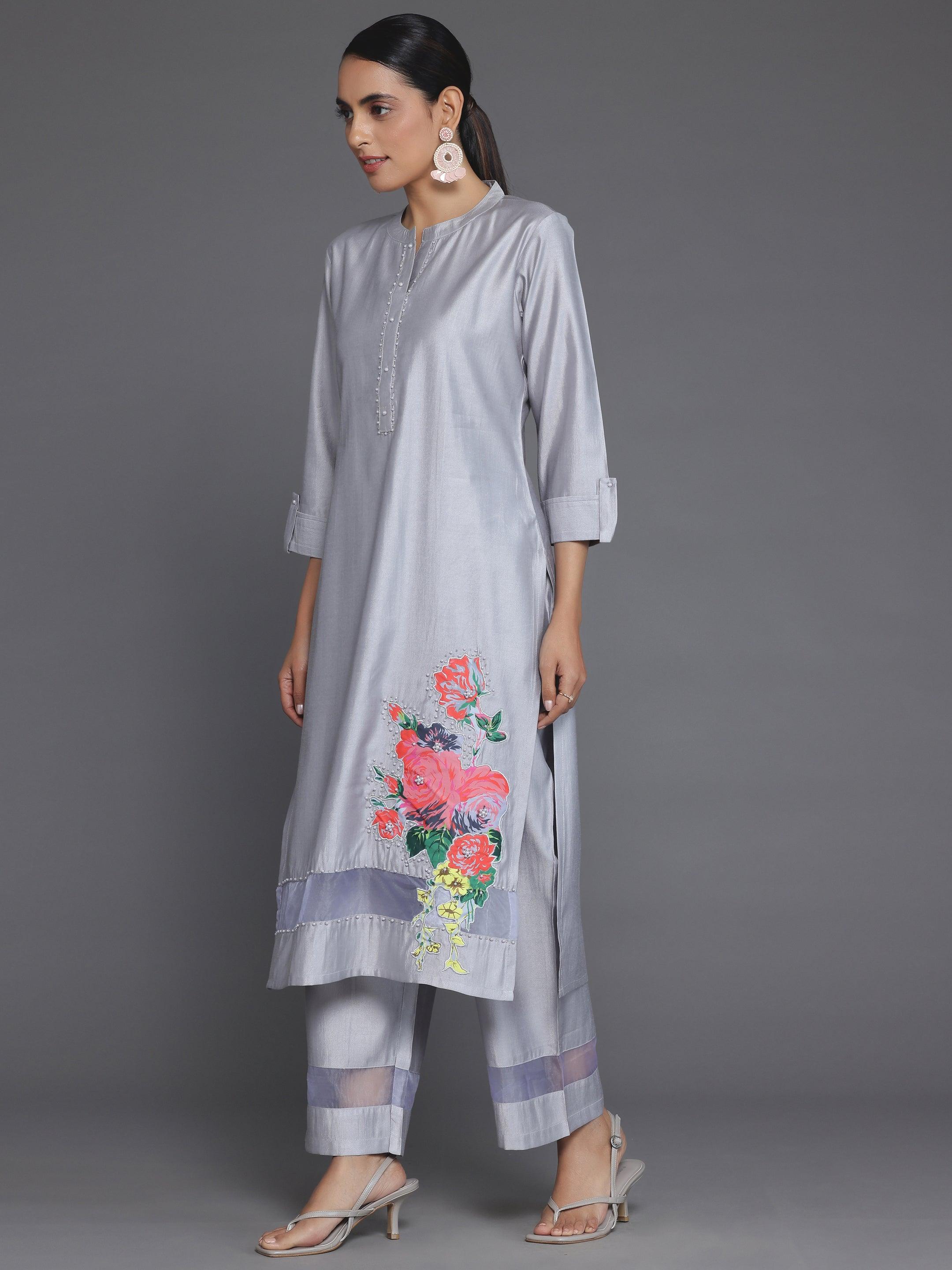 Grey Self Design Silk Blend Straight Suit With Dupatta