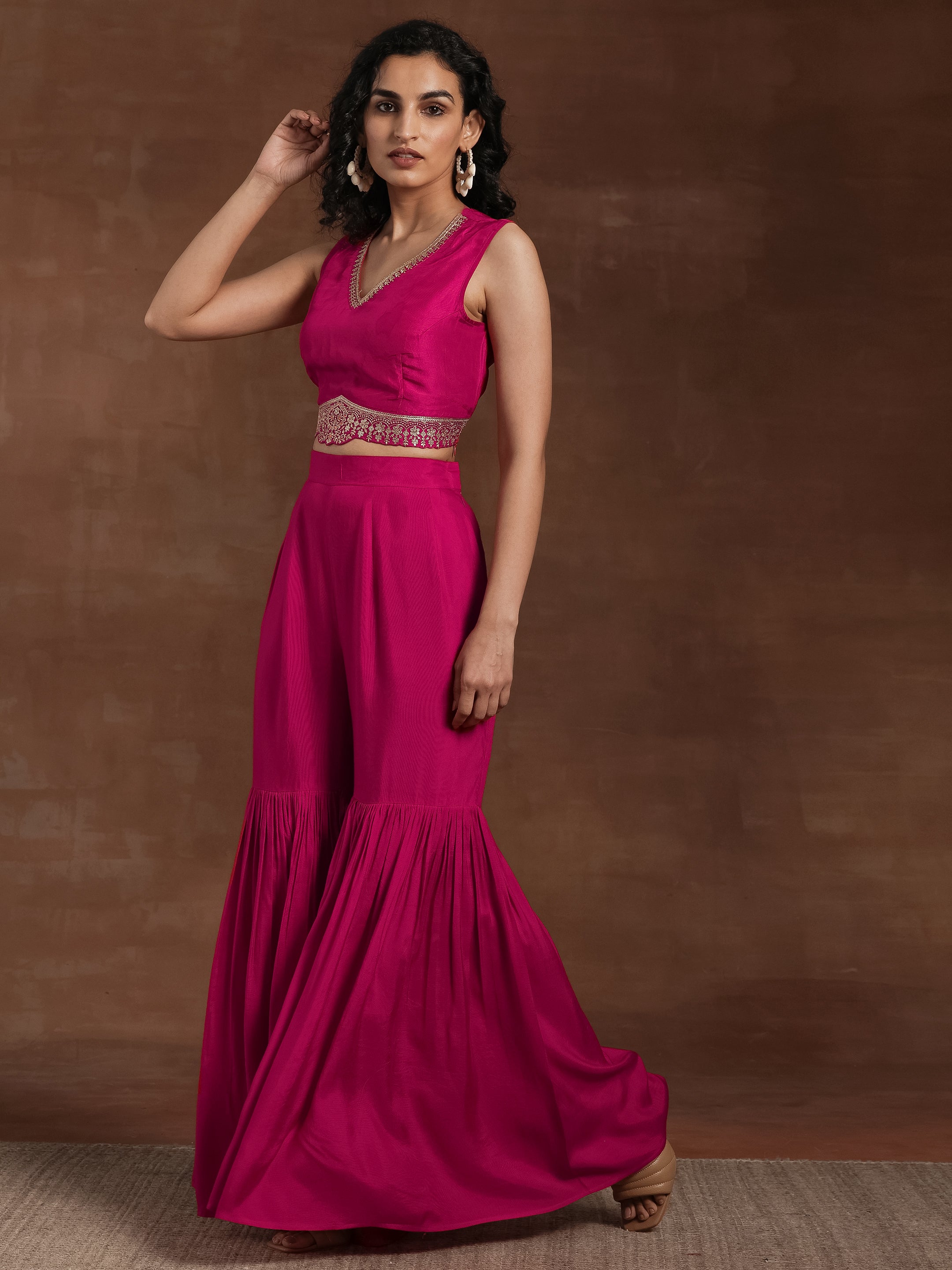 Pink Embroidered Silk Blend 3 Piece Co-Ords