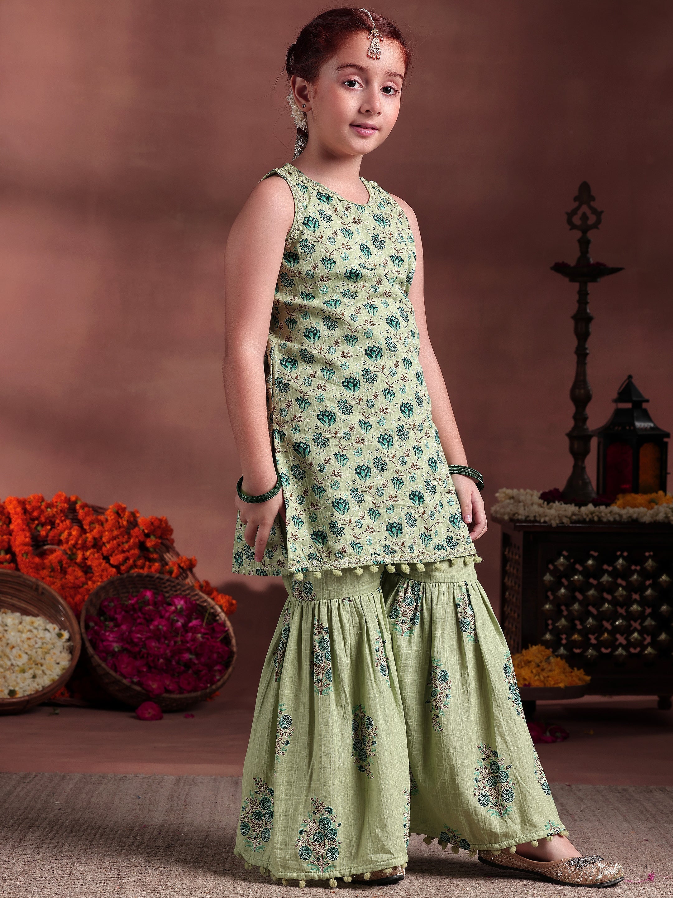 Kids Green Printed Cotton Straight Suit With Dupatta