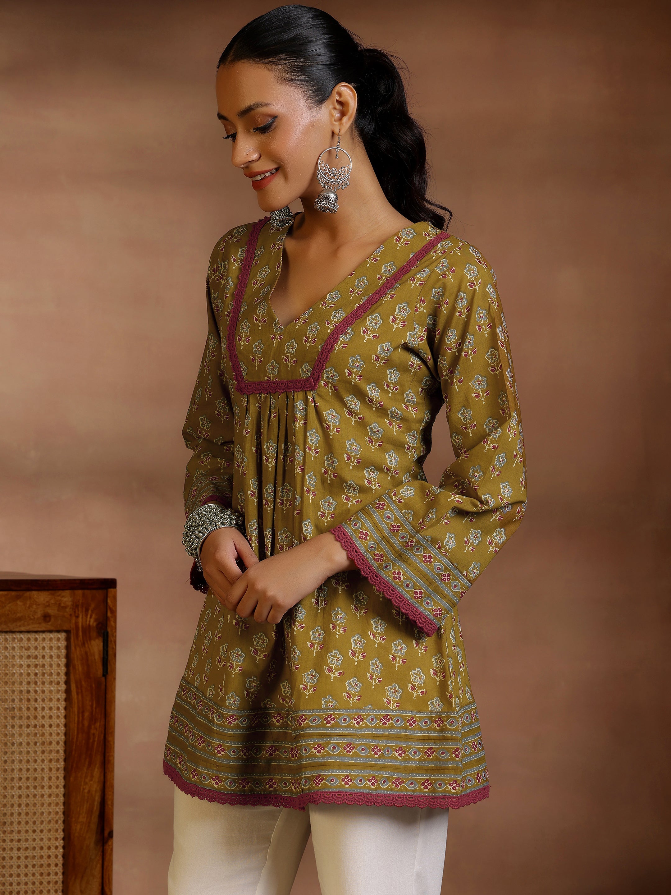 Olive Printed Cotton A-Line Kurti