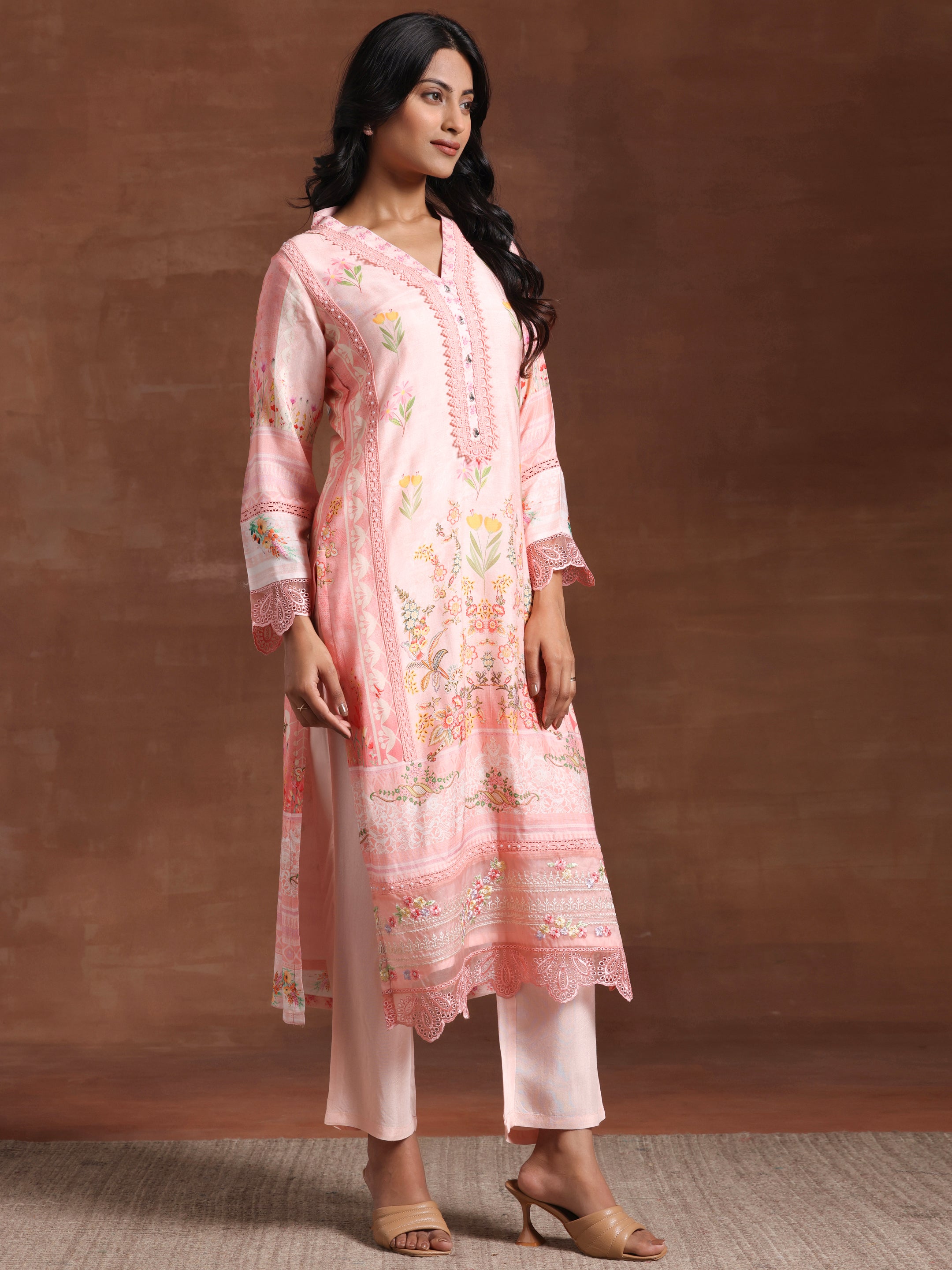 Pink Printed Silk Blend Straight Suit With Dupatta