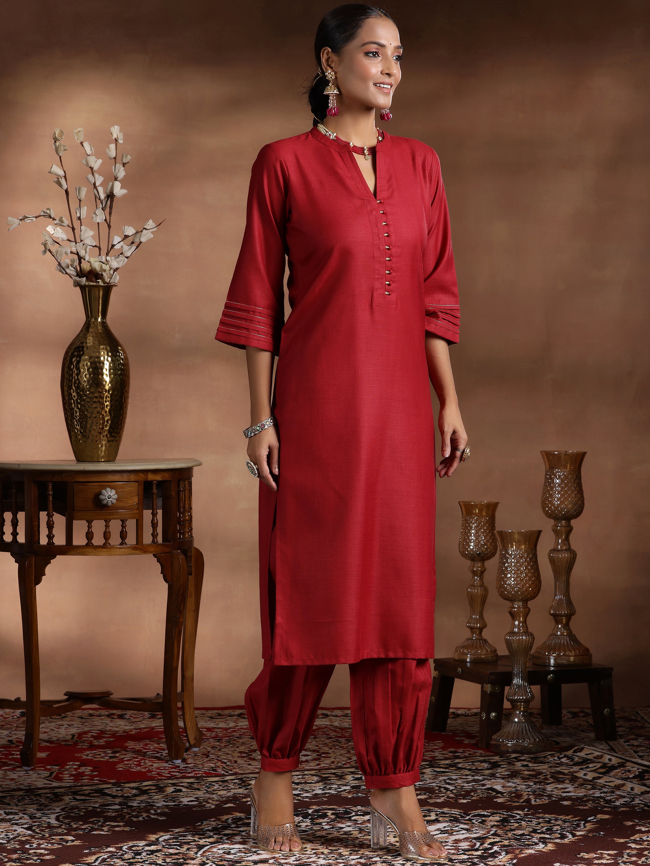 Maroon Solid Silk Blend Straight Suit With Dupatta