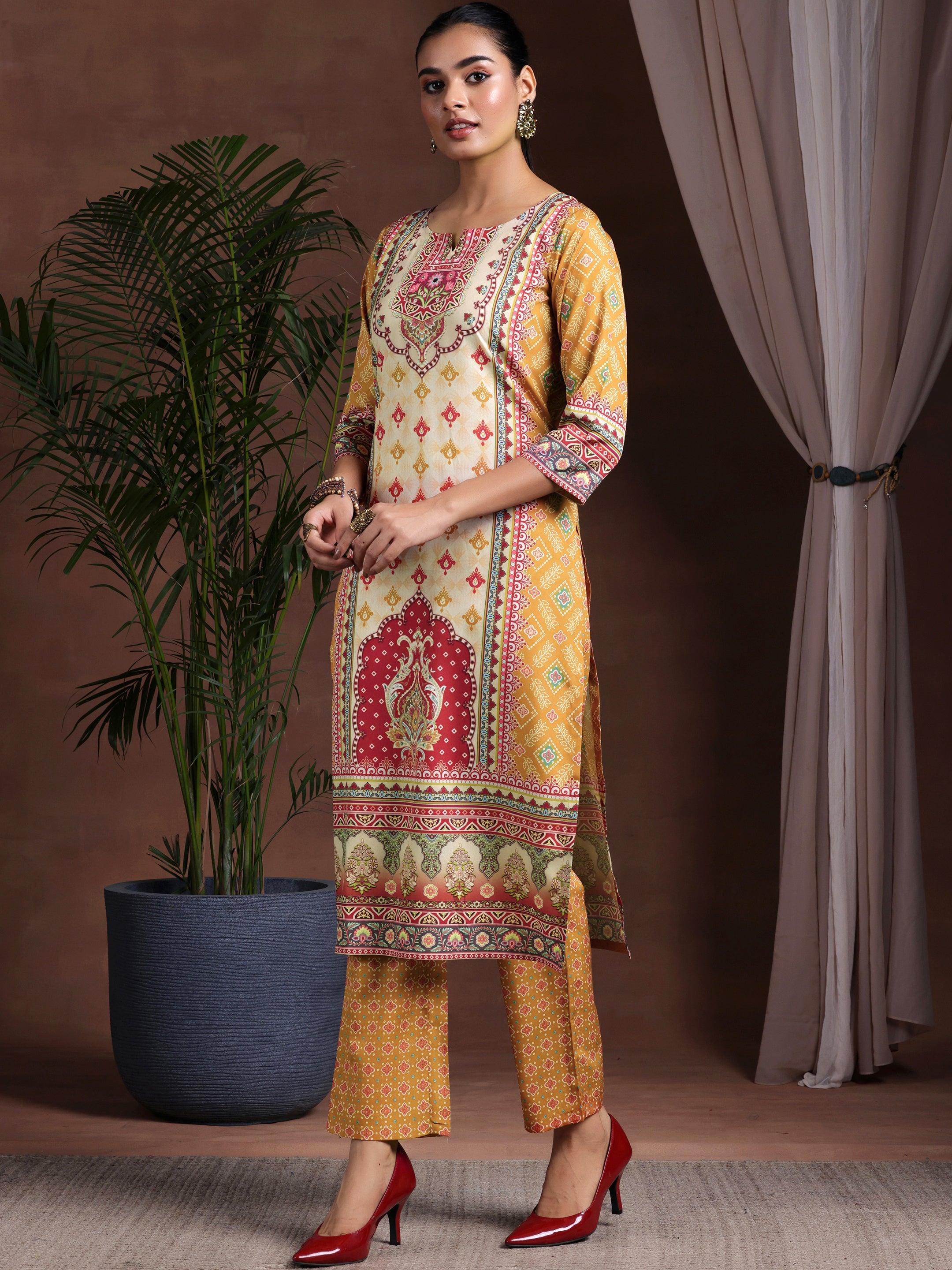 Mustard Printed Poly Crepe Straight Suit With Dupatta