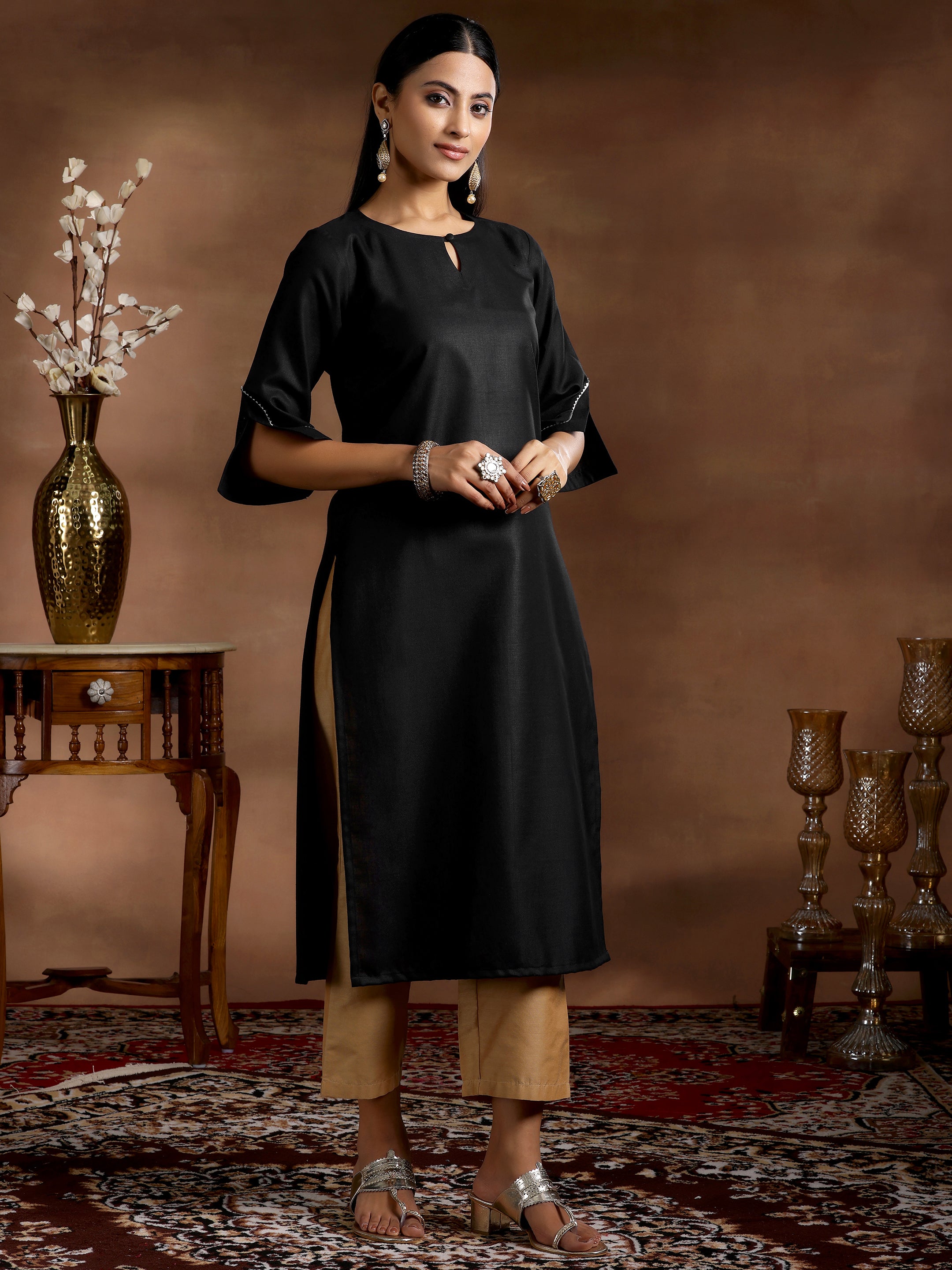 Black Solid Silk Straight Kurta