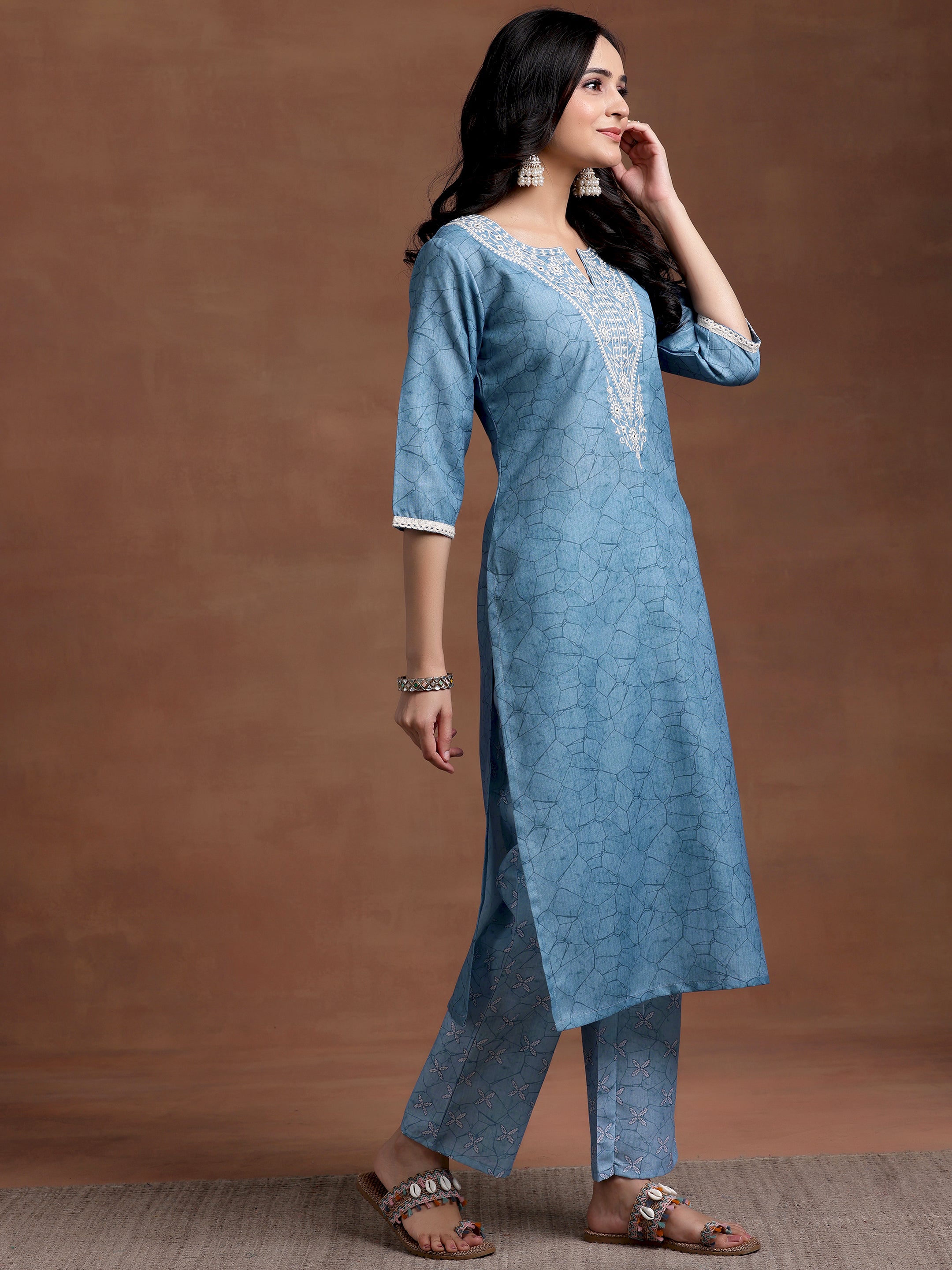 Blue Yoke Design Cotton Straight Suit With Dupatta