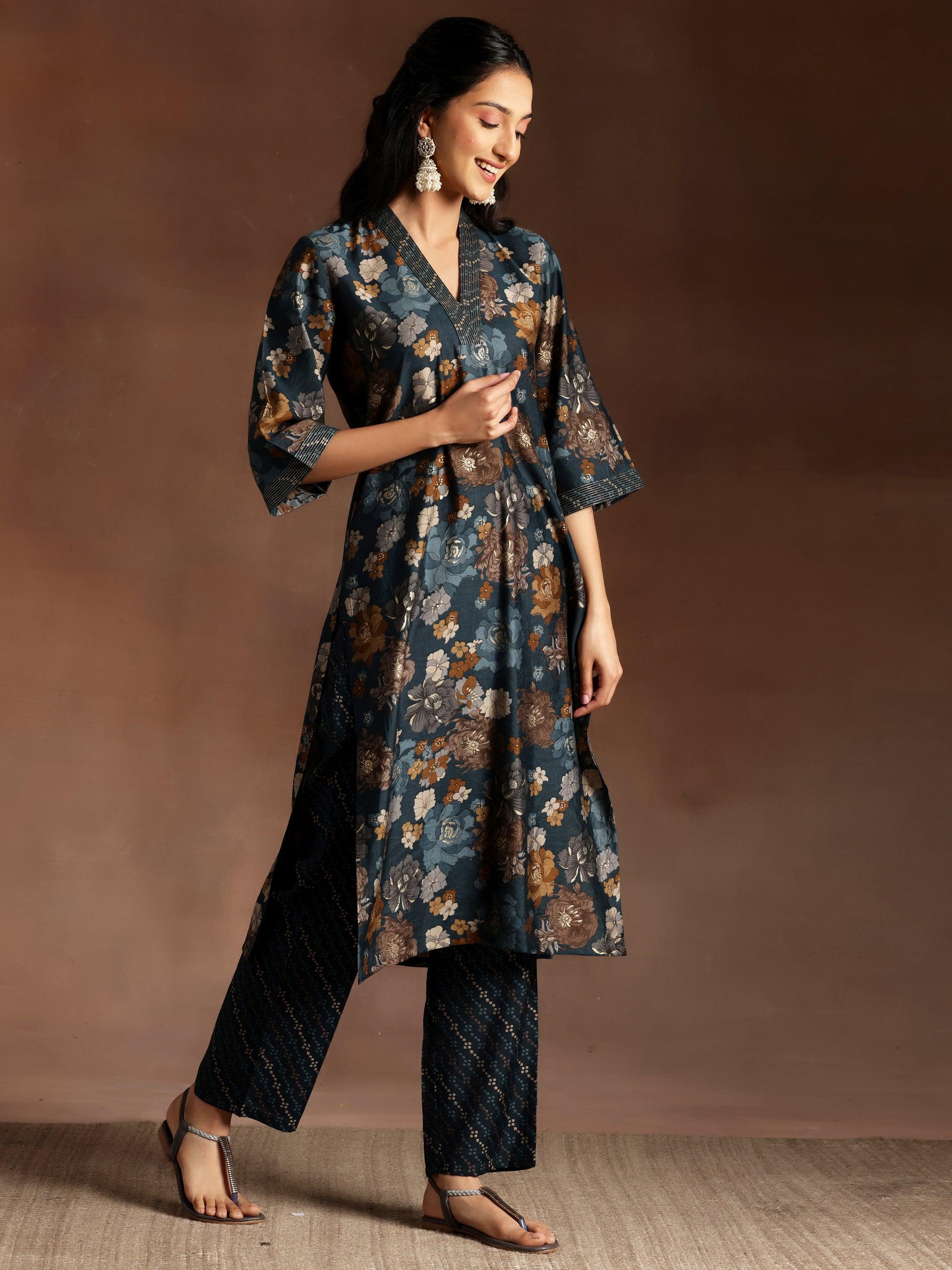 Blue Printed Silk Blend Straight Suit With Dupatta