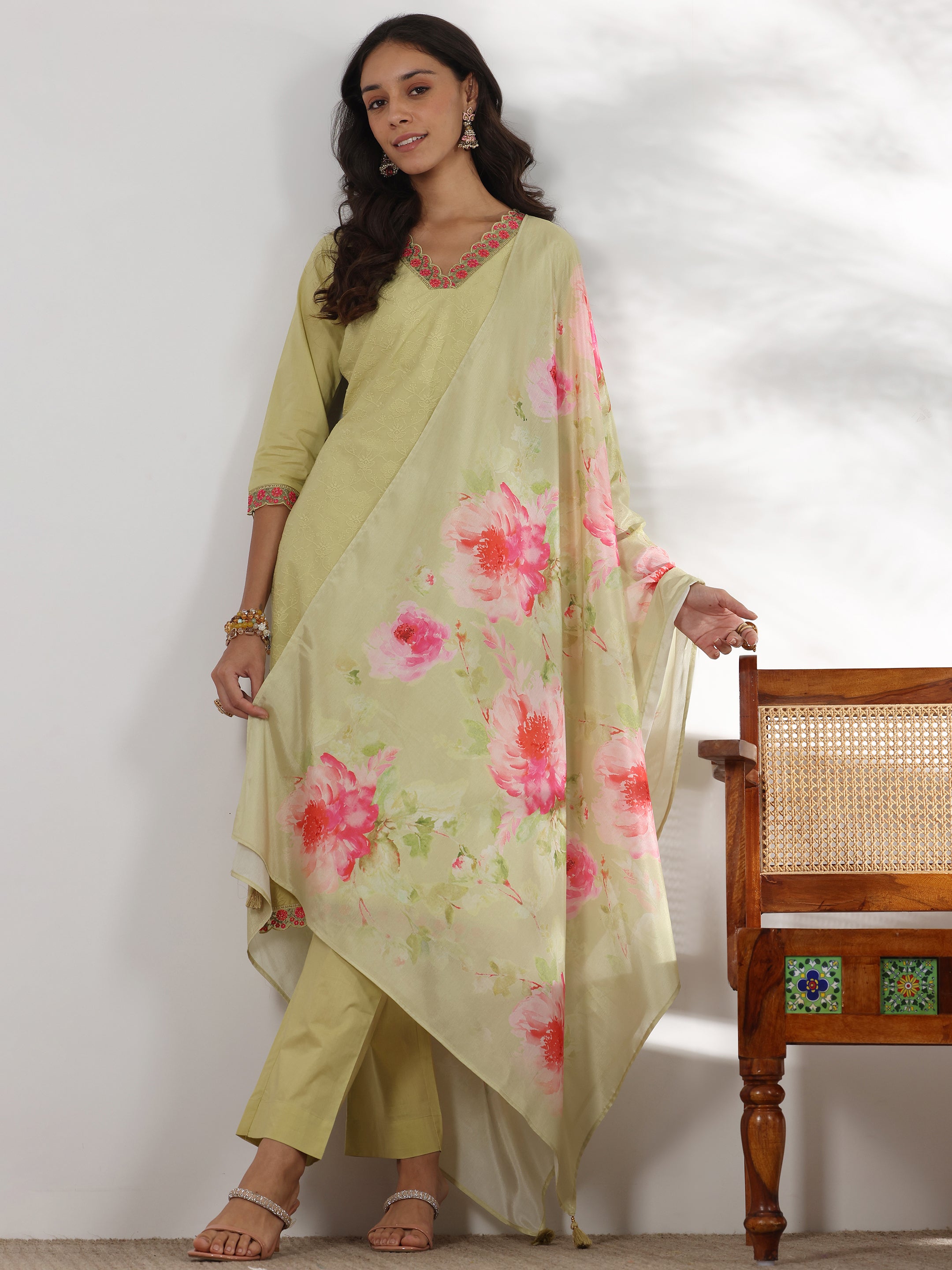 Green Embroidered Cotton Straight Suit With Dupatta