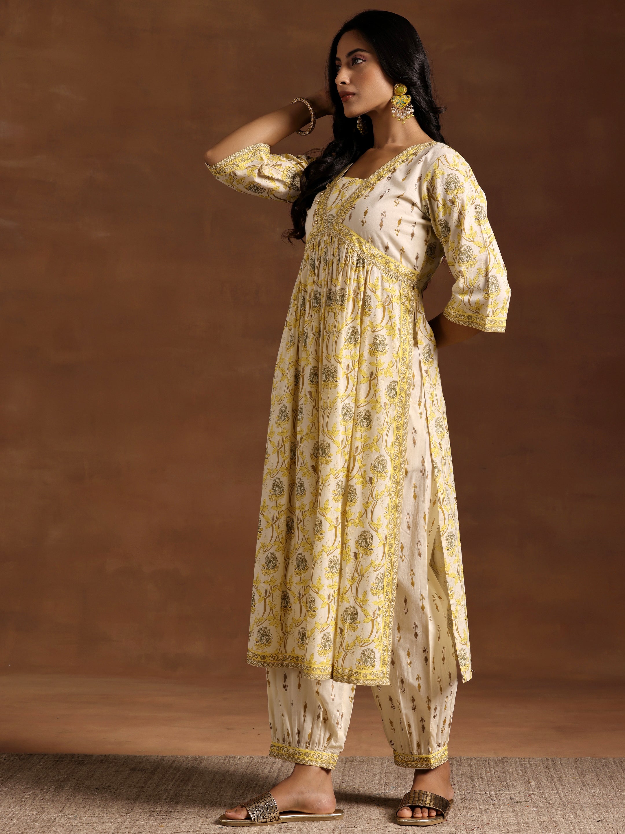 Yellow Printed Cotton A-Line Kurta With Salwar