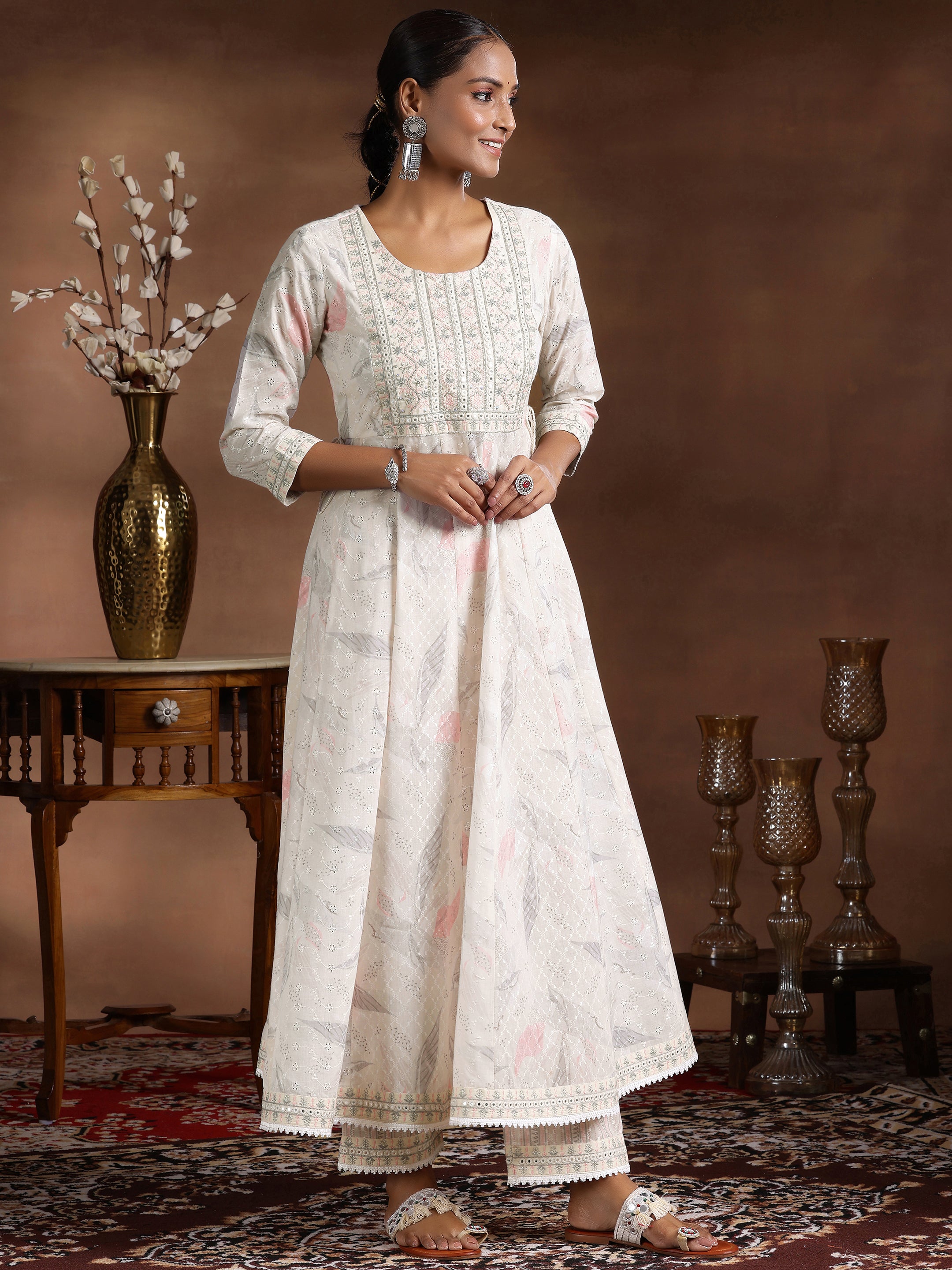 Off White Embroidered Cotton A-line Kurta  With Trousers & Dupatta