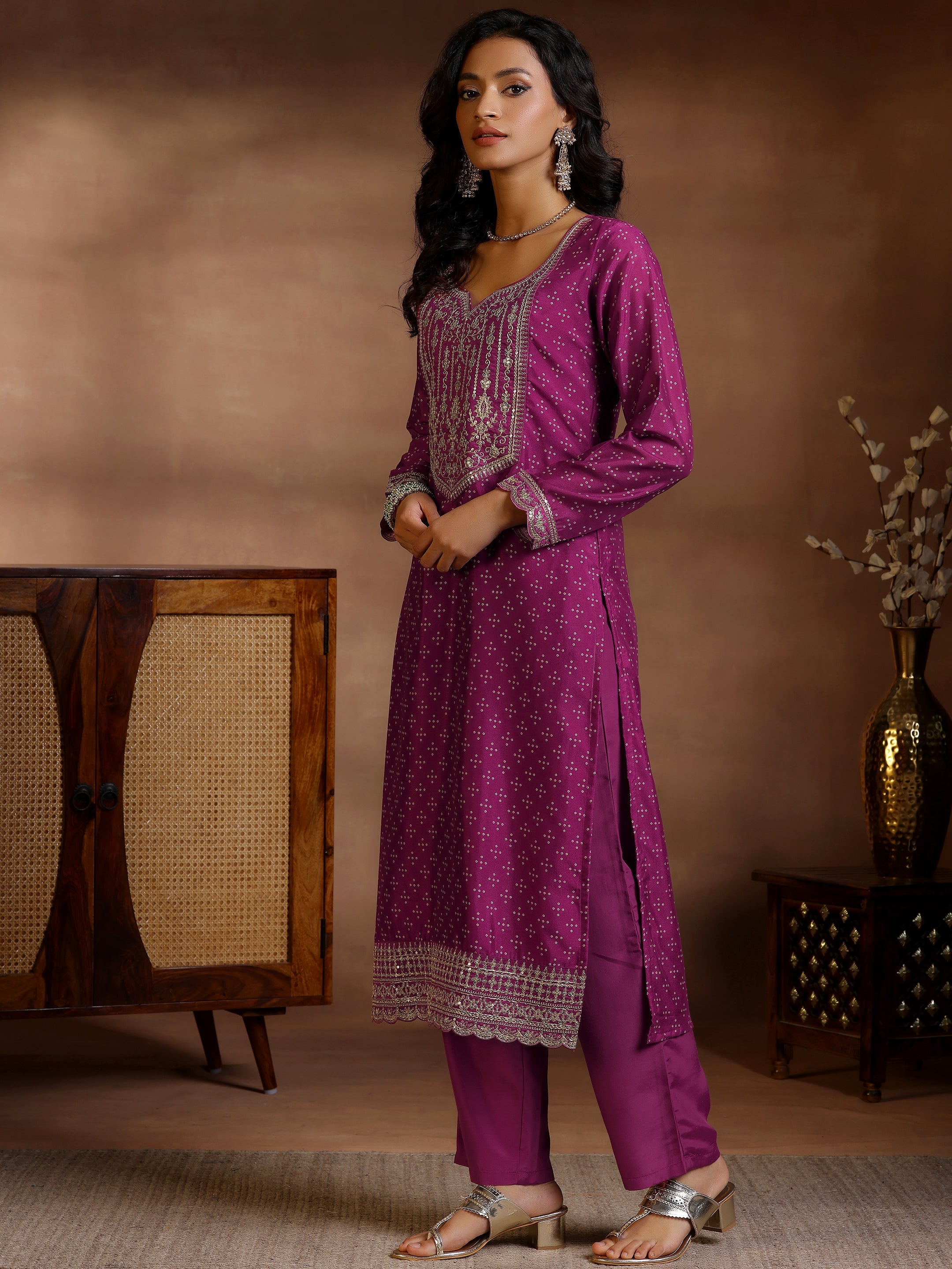 Wine Printed Silk Blend Straight Suit With Dupatta