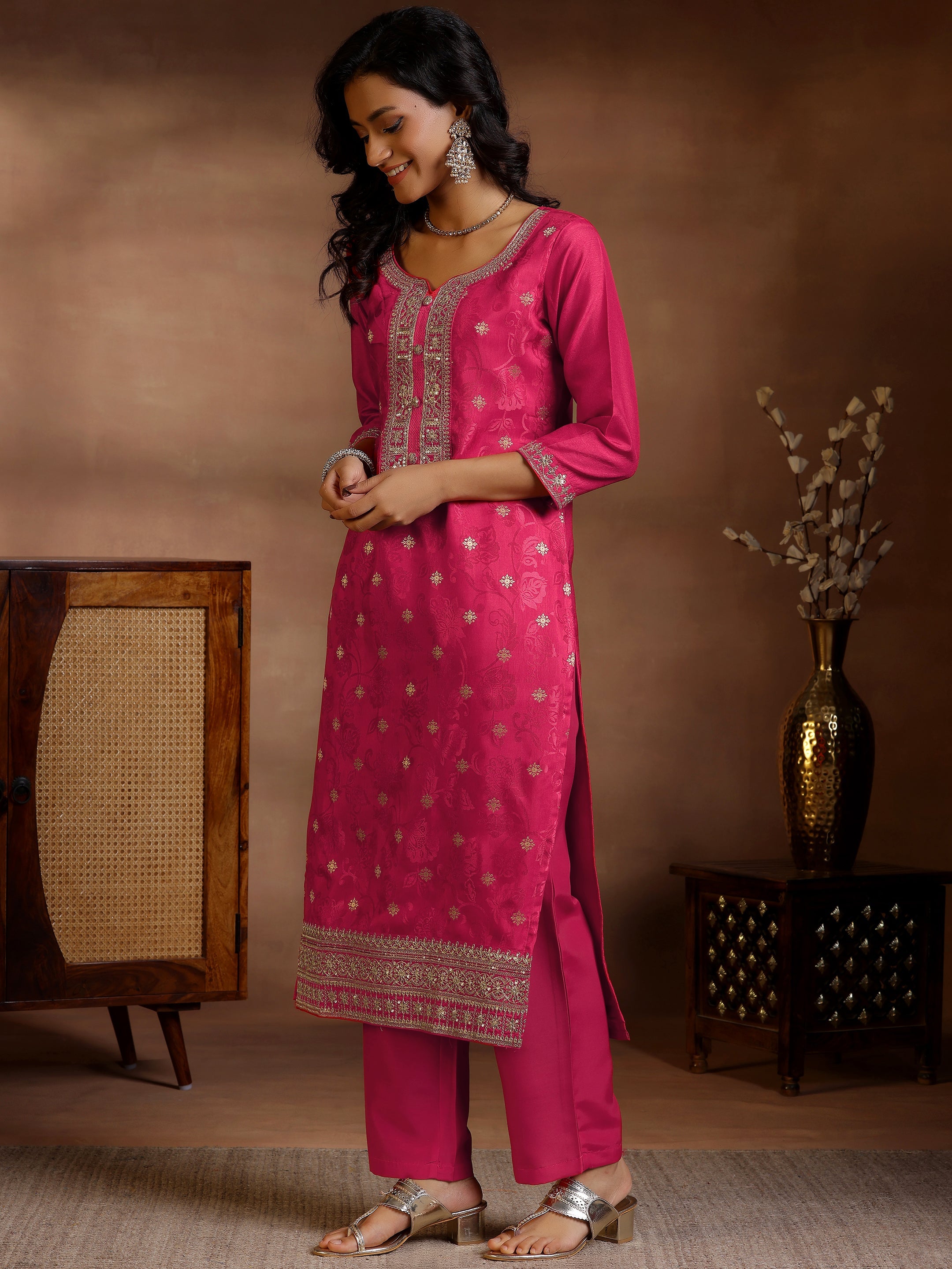 Pink Woven Design Silk Blend Straight Suit With Dupatta