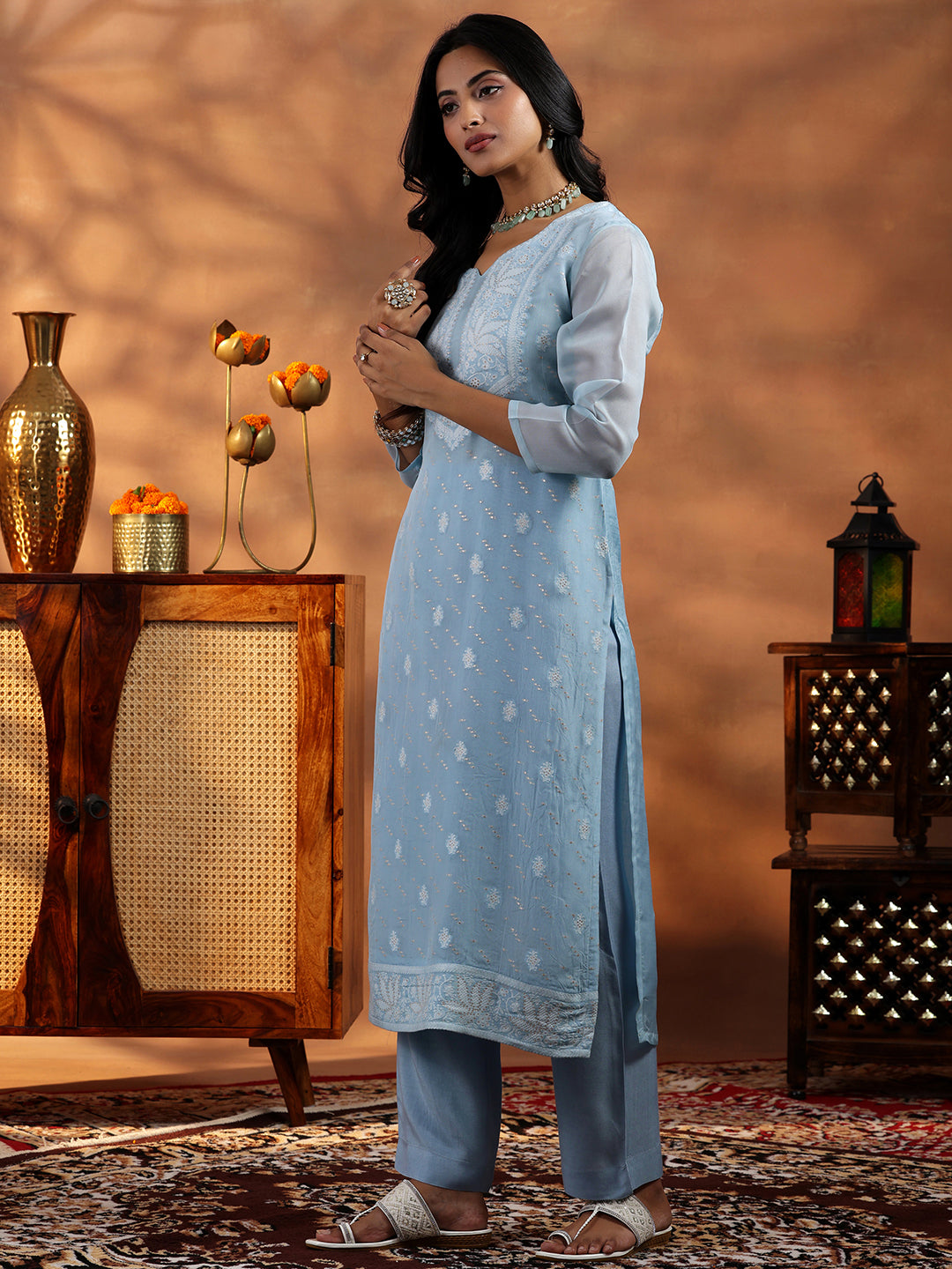 Blue Embroidered Organza Straight Suit With Dupatta