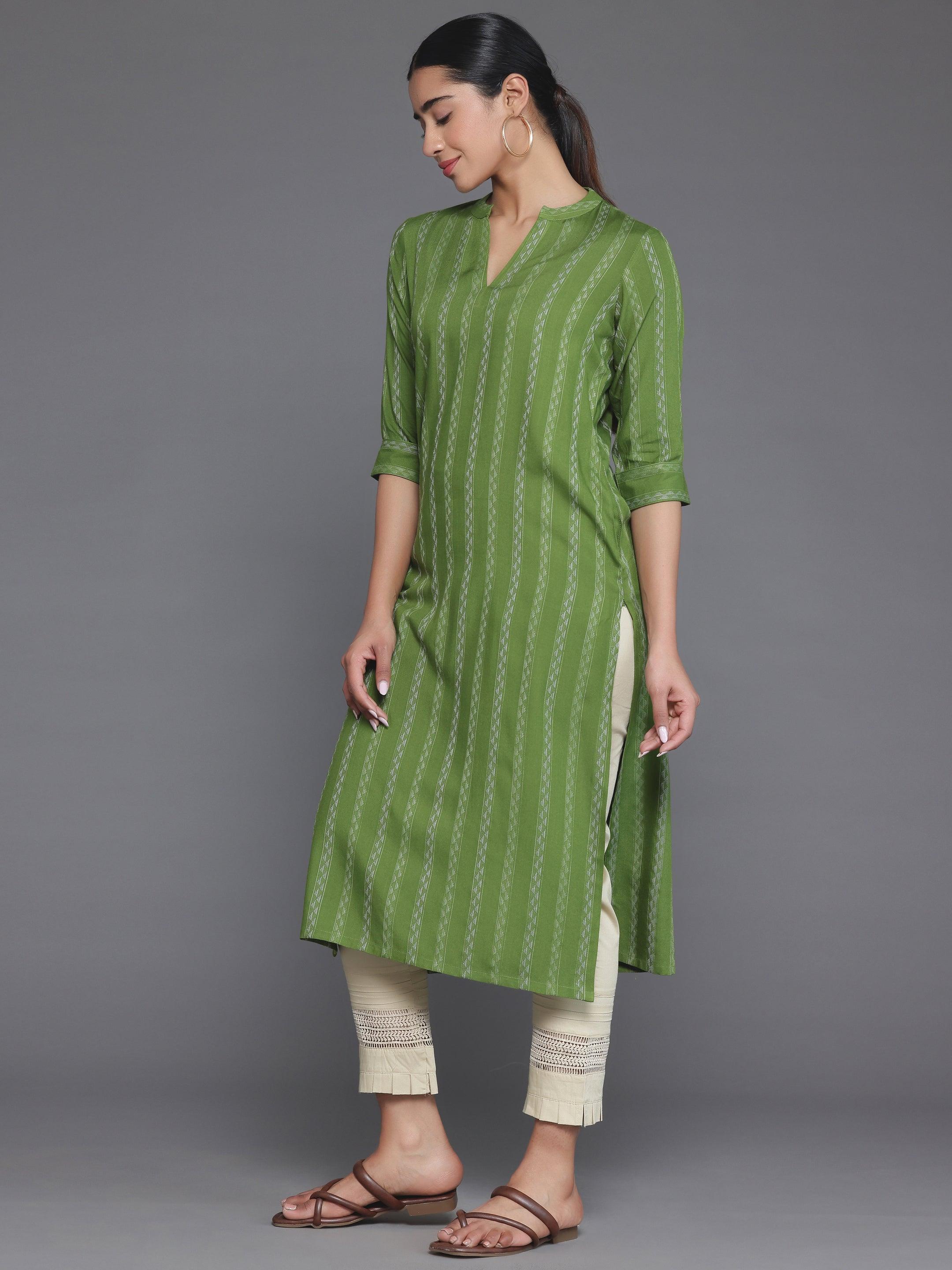 Green Striped Rayon Straight Kurta