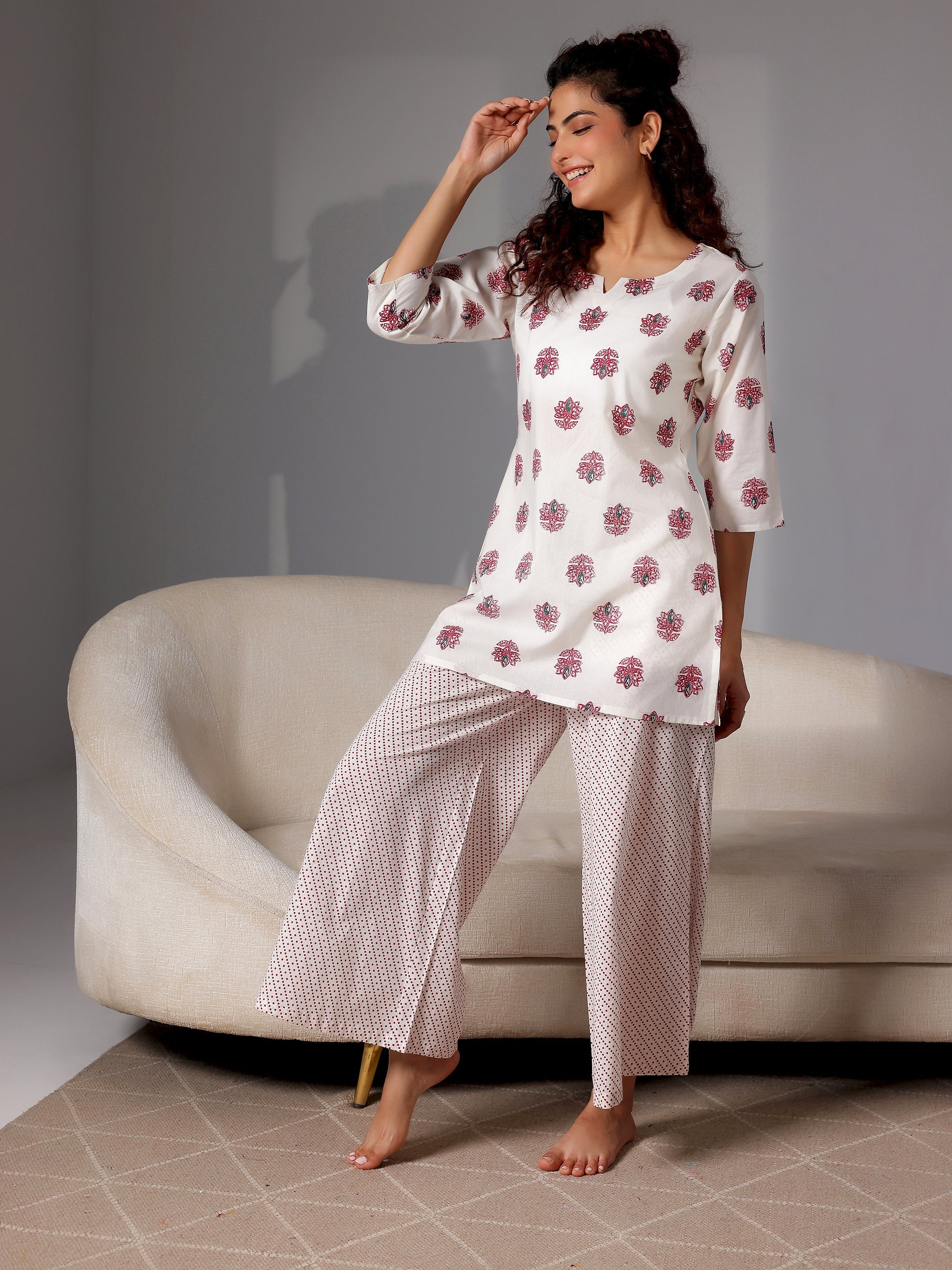 Cream Printed Cotton Night Suits