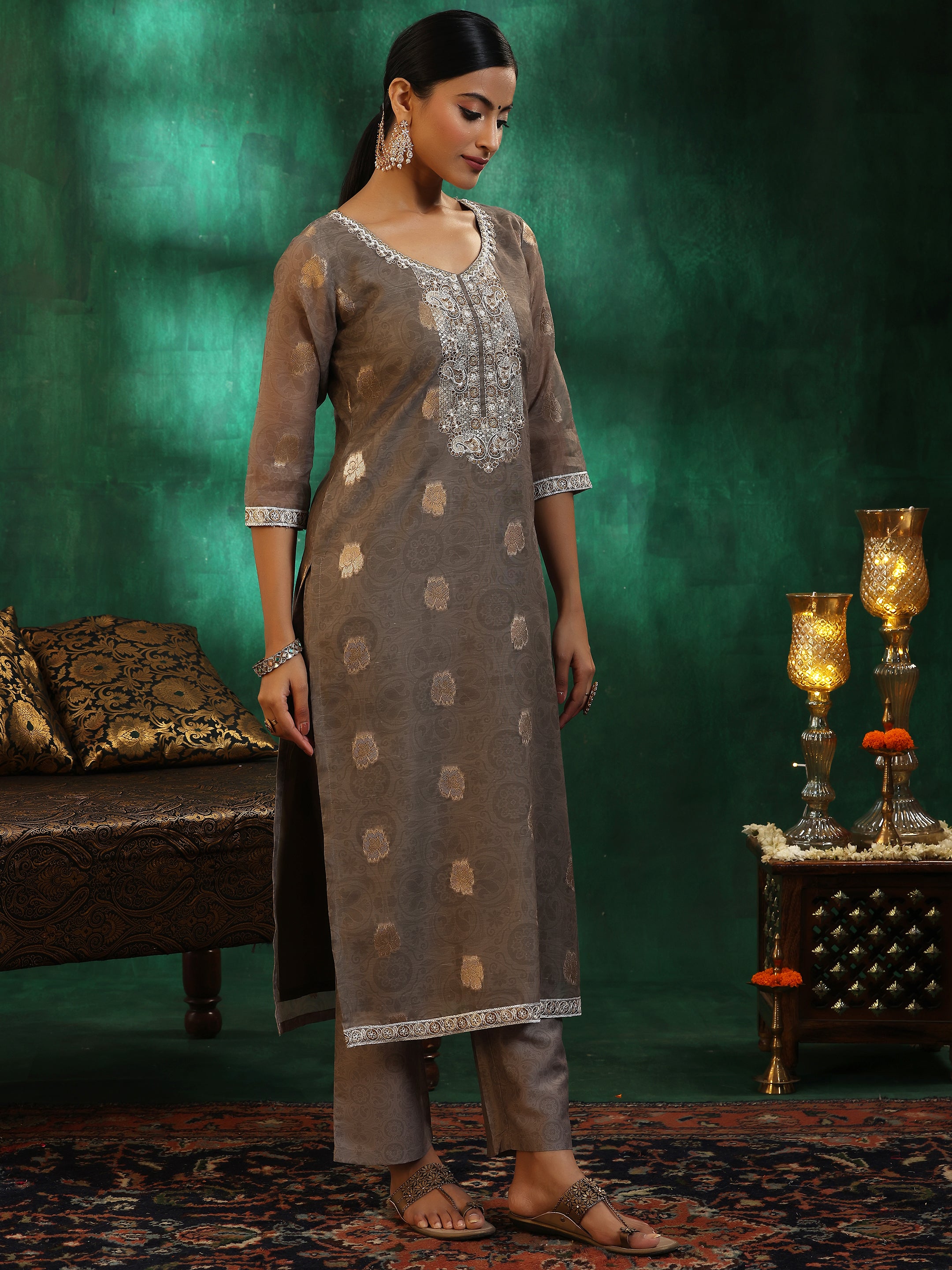 Green Woven Design Silk Blend Straight Suit With Dupatta