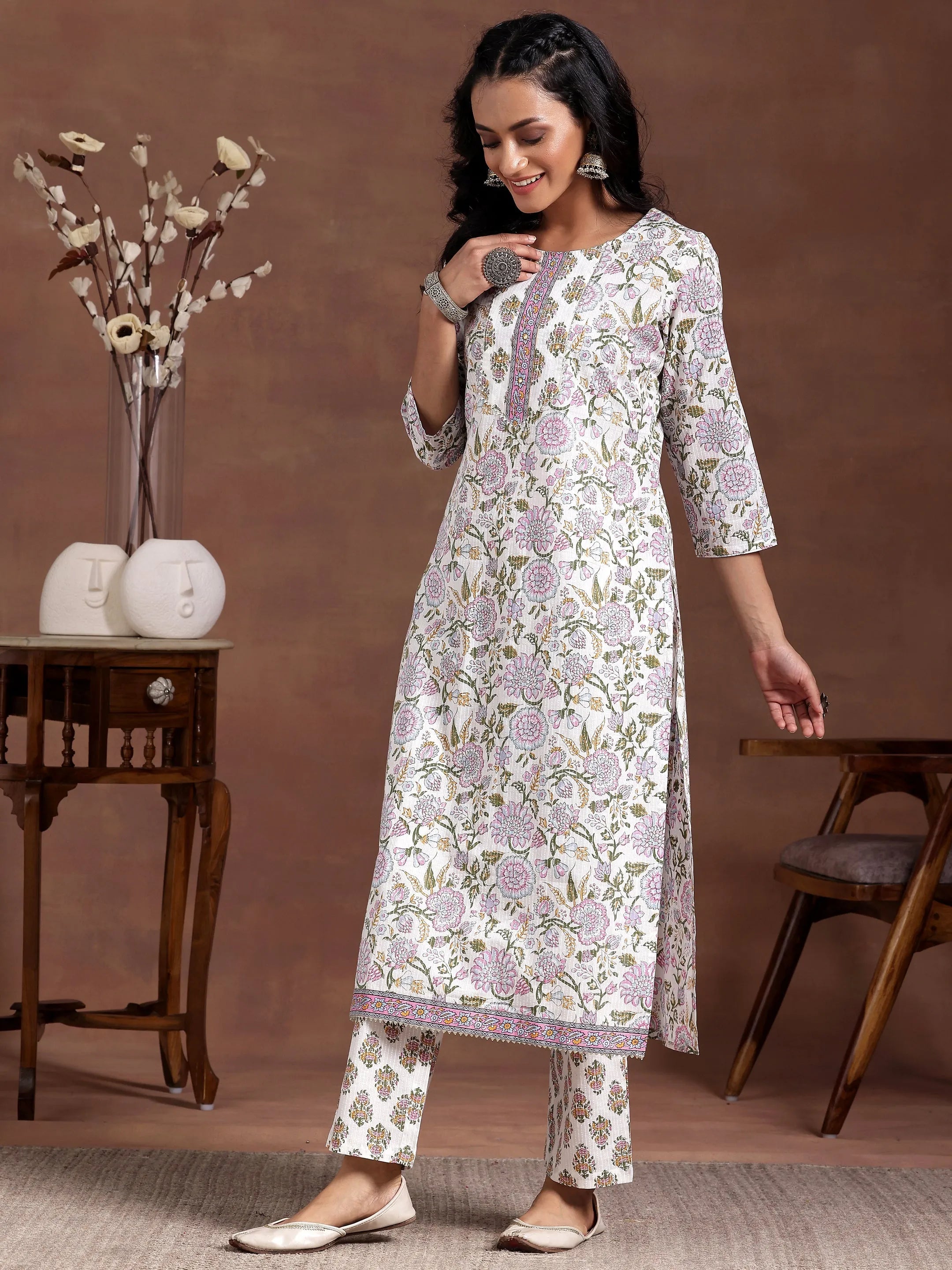 Off White Printed Cotton Straight Kurta Set