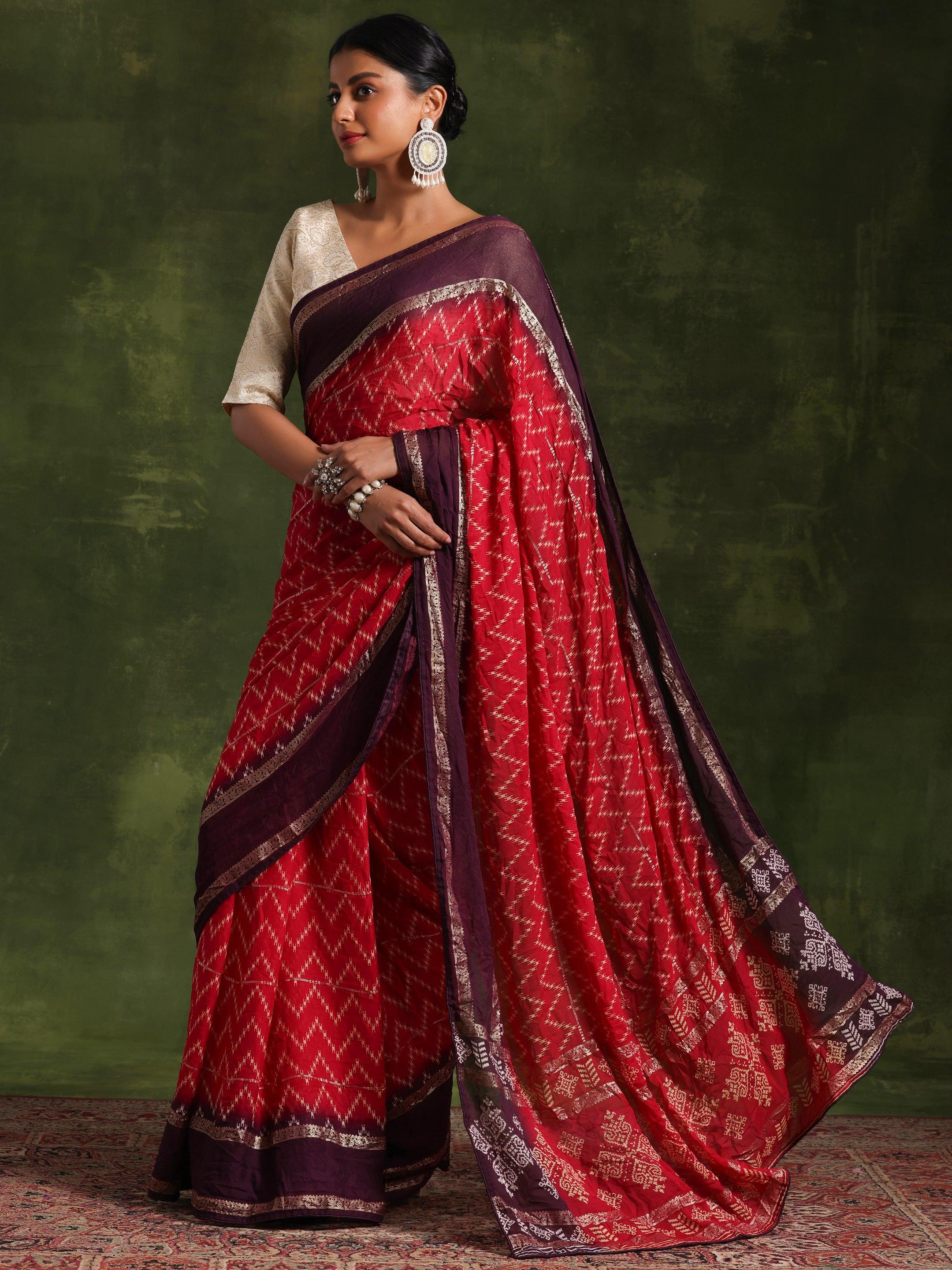 Pink Printed Poly Georgette Saree With Unstitched Blouse Piece