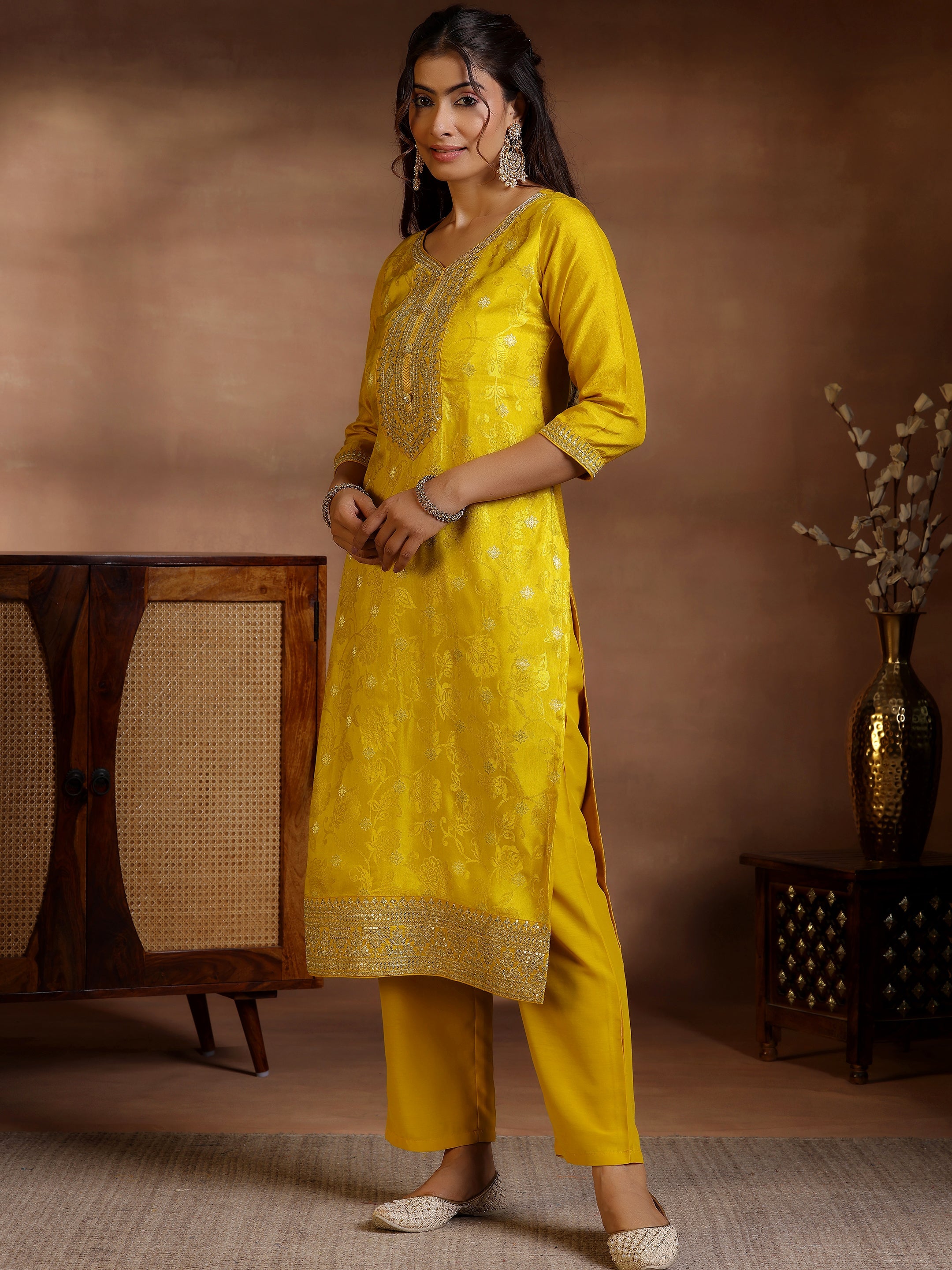 Mustard Woven Design Silk Blend Straight Suit With Dupatta