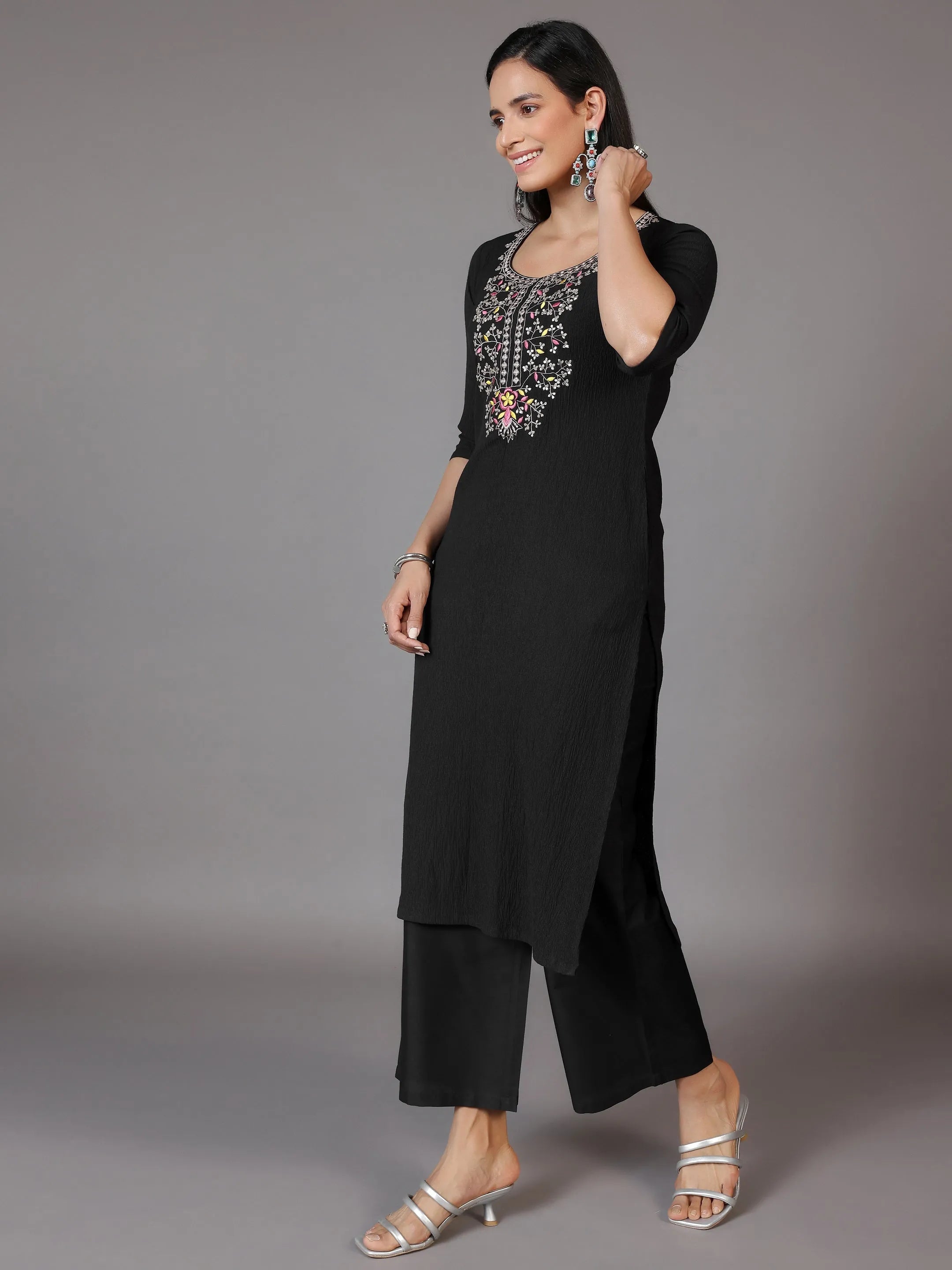 Black Yoke Design Polyester Straight Kurta