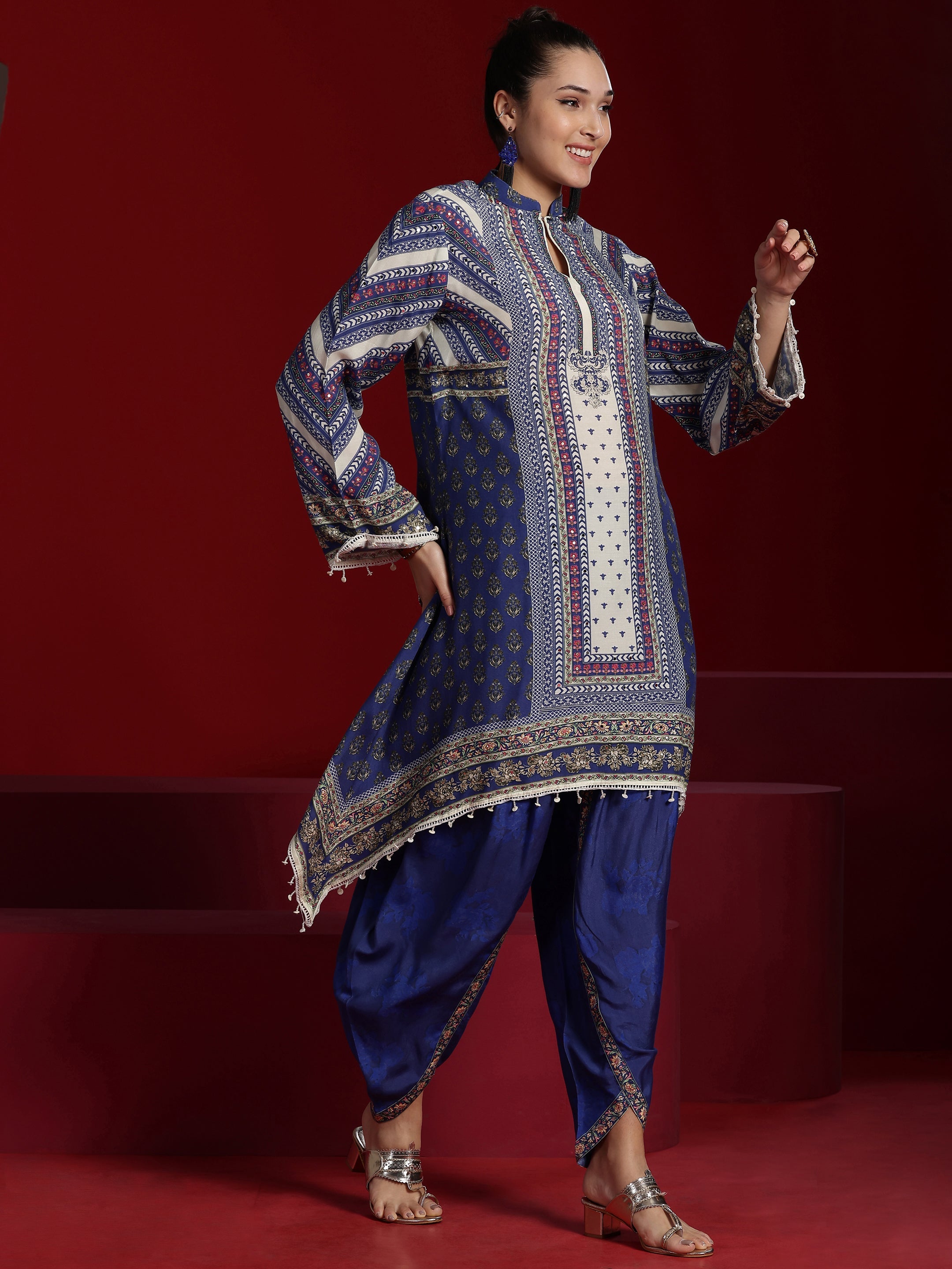 Libas Art Blue Printed Silk Blend Straight Kurta With Dhoti Pants