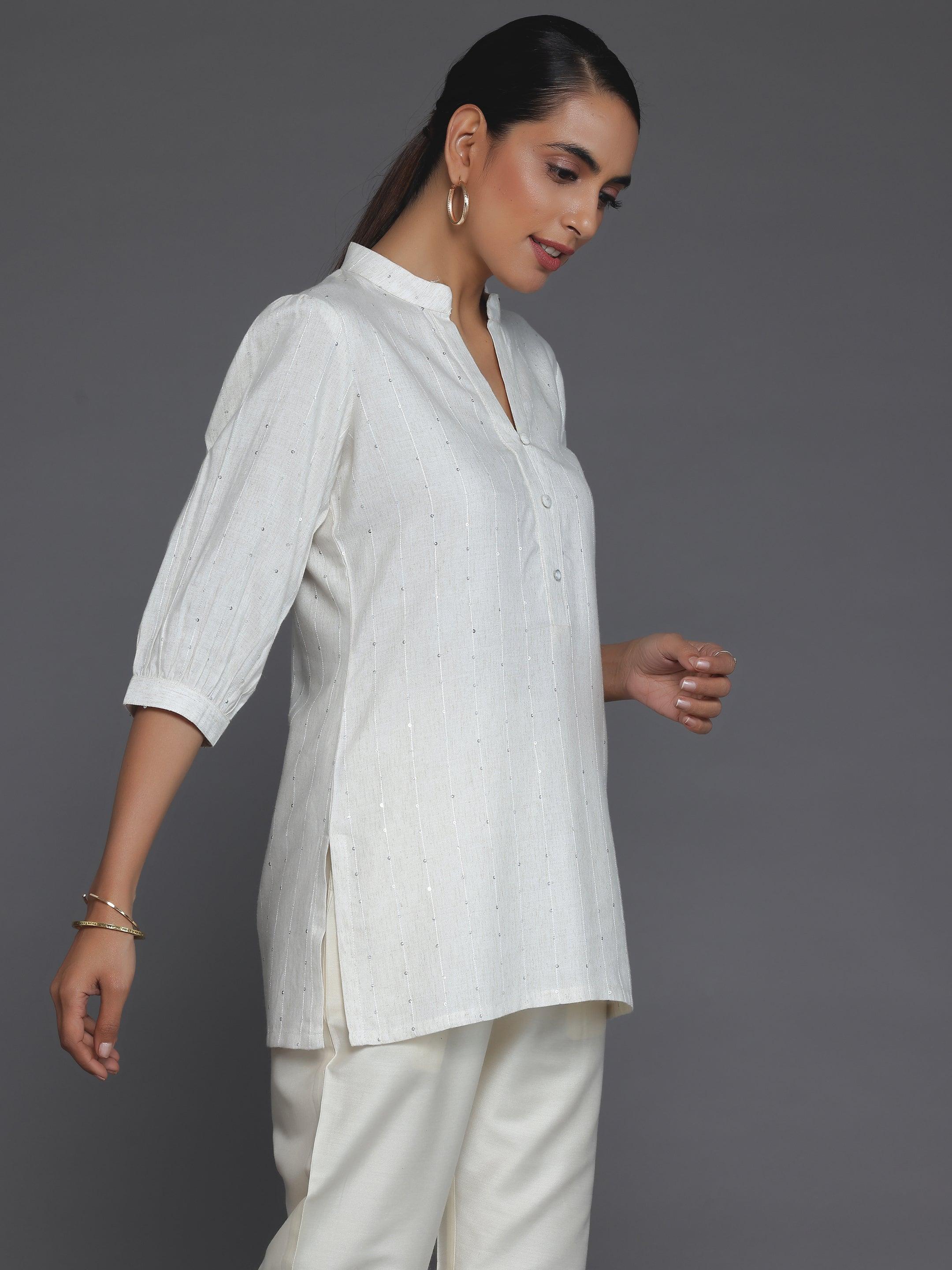 Off White Woven Design Cotton Blend Straight Kurti