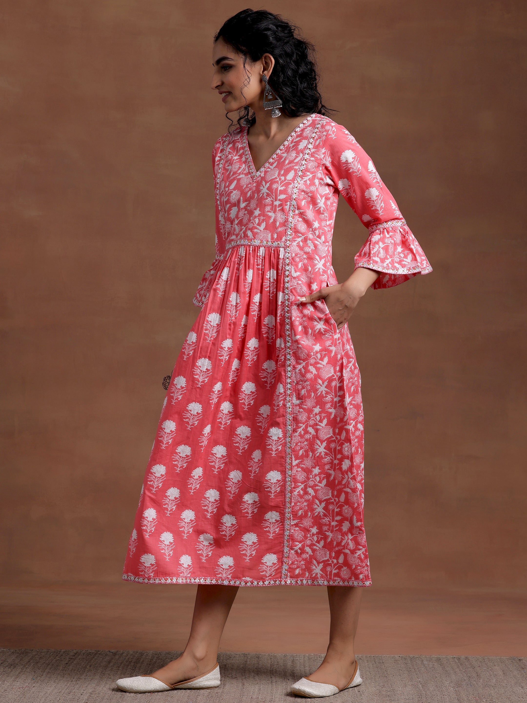 Pink Printed Cotton A-Line Dress