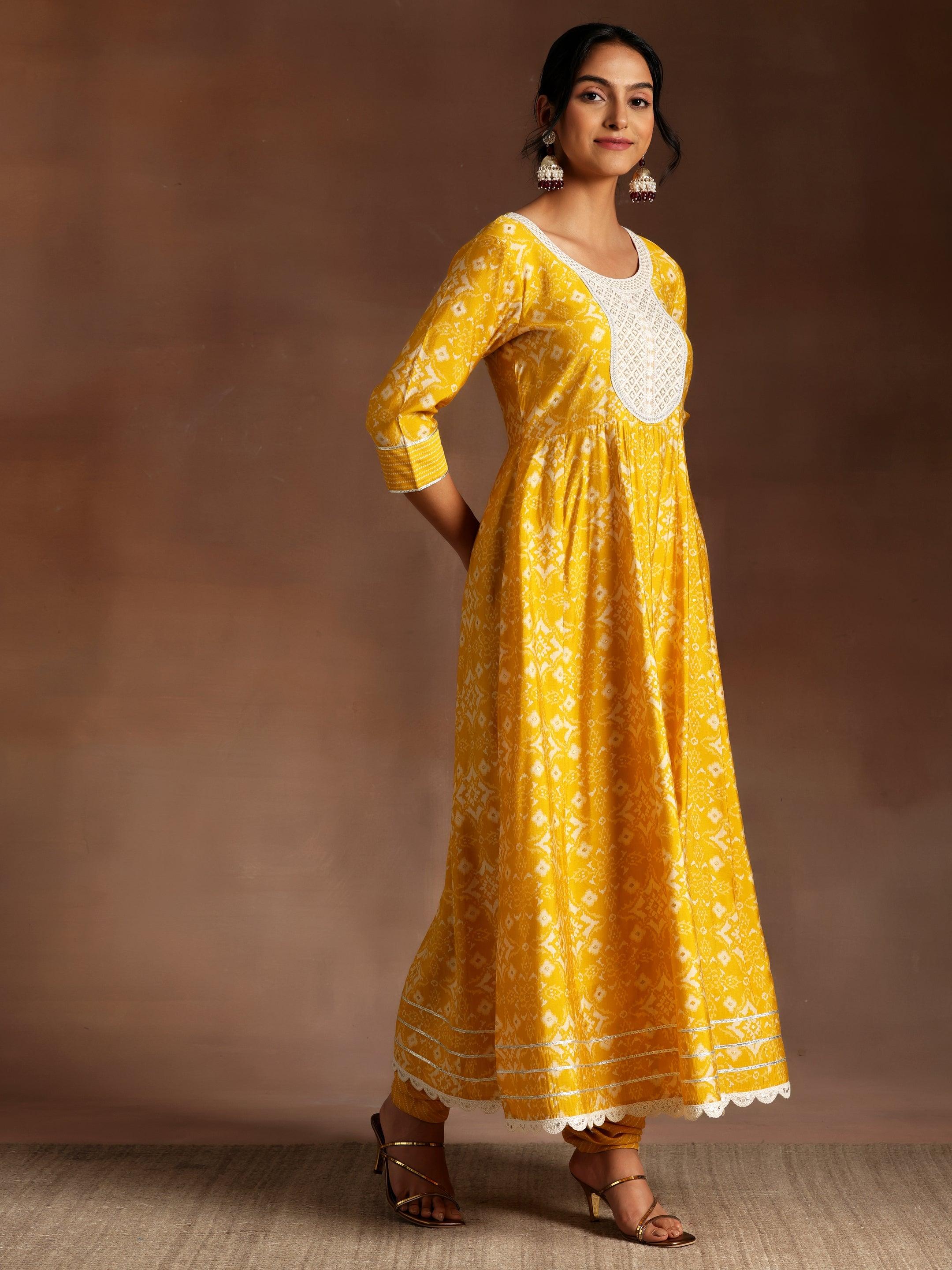 Mustard Printed Silk Blend Anarkali Suit With Dupatta