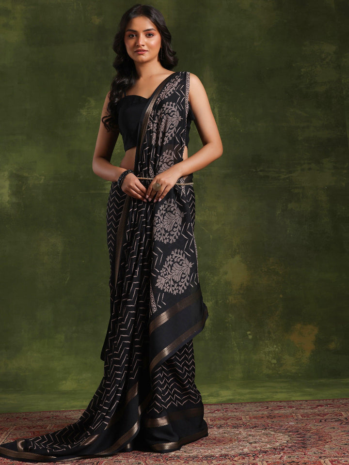 Black Printed Silk Blend Saree With Unstitched Blouse Piece - Libas