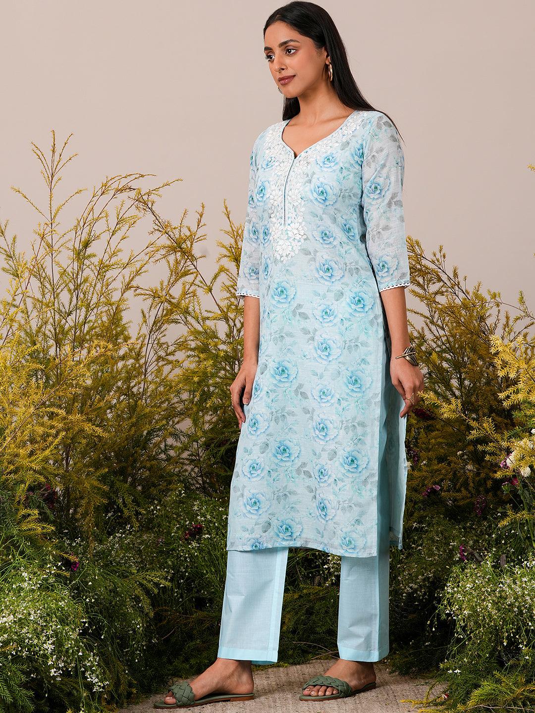 Blue Printed Linen Straight Suit With Dupatta