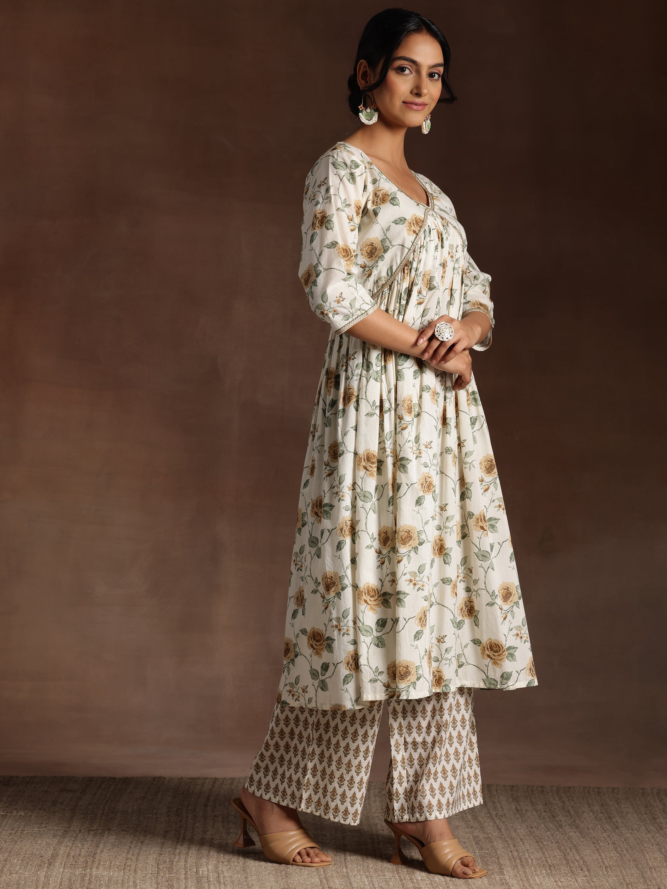 Off White Printed Cotton A-Line Kurta With Palazzos