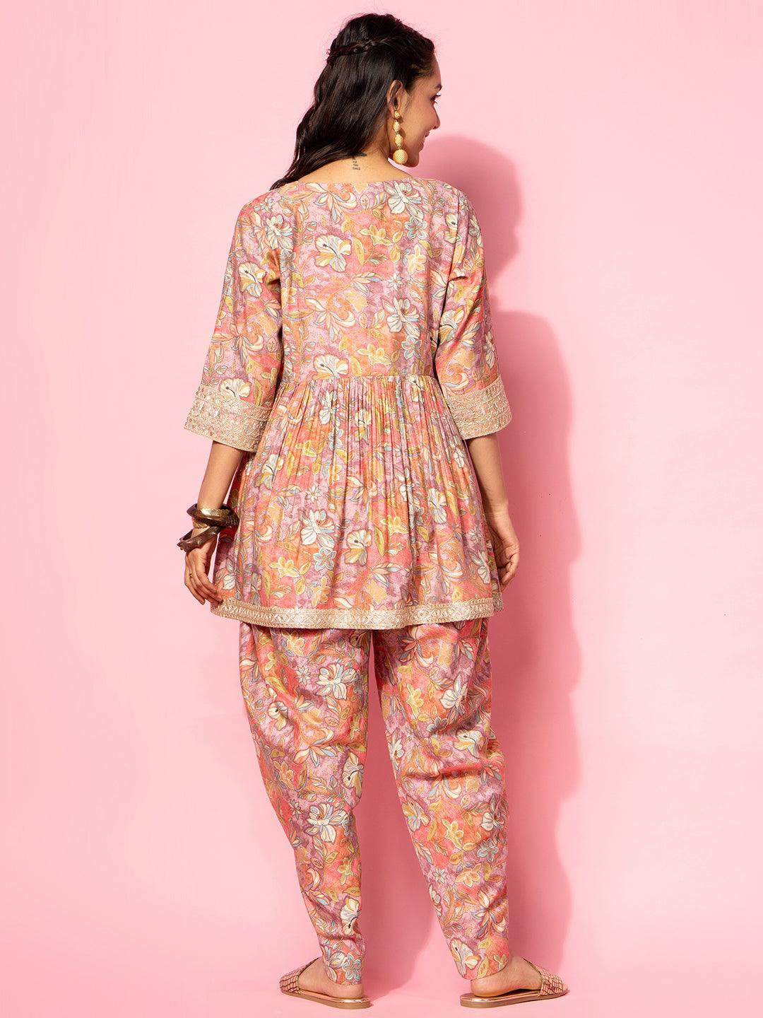 Peach Printed Silk Blend Co-Ords