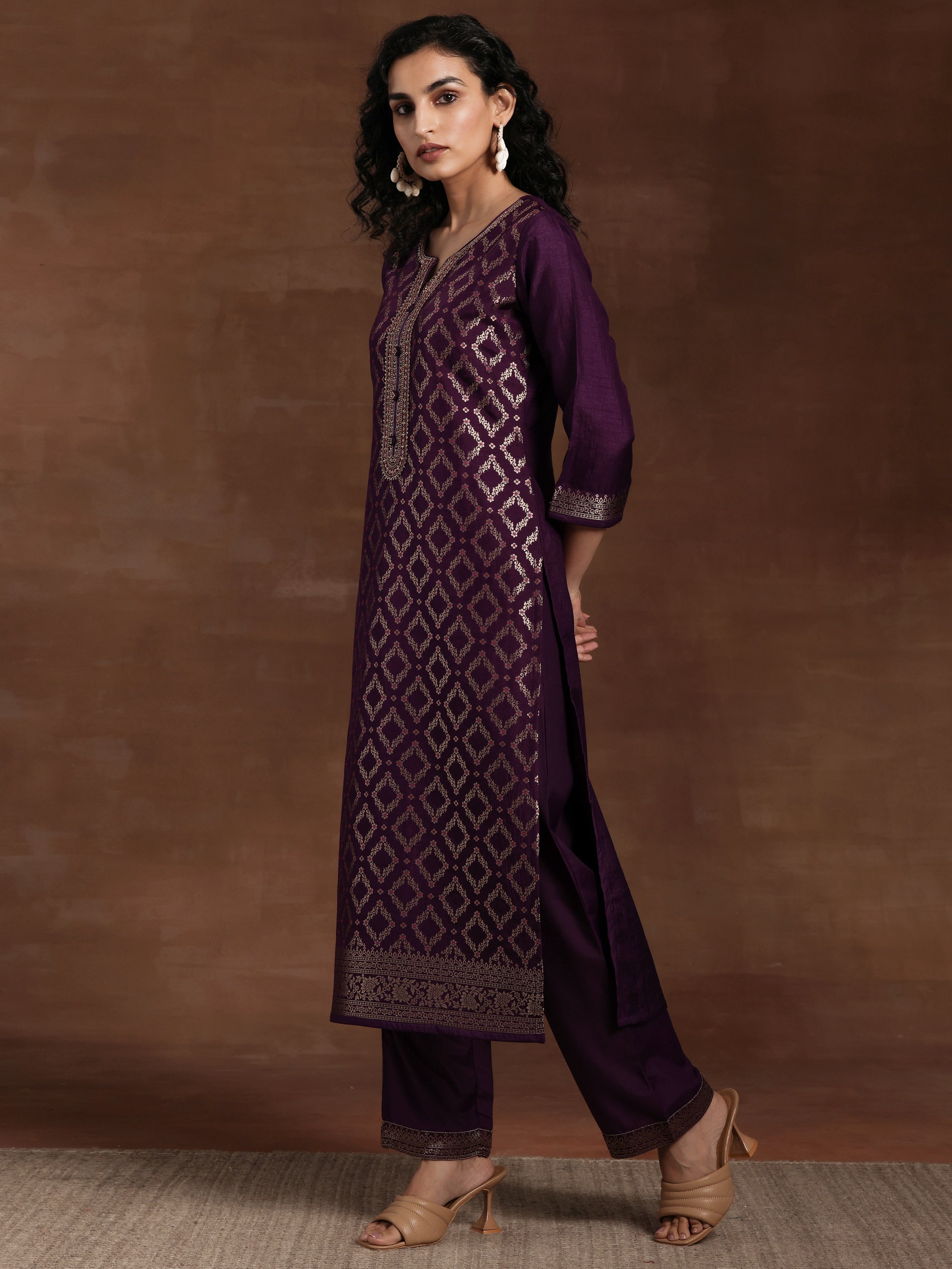 Purple Woven Design Silk Blend Straight Suit With Dupatta