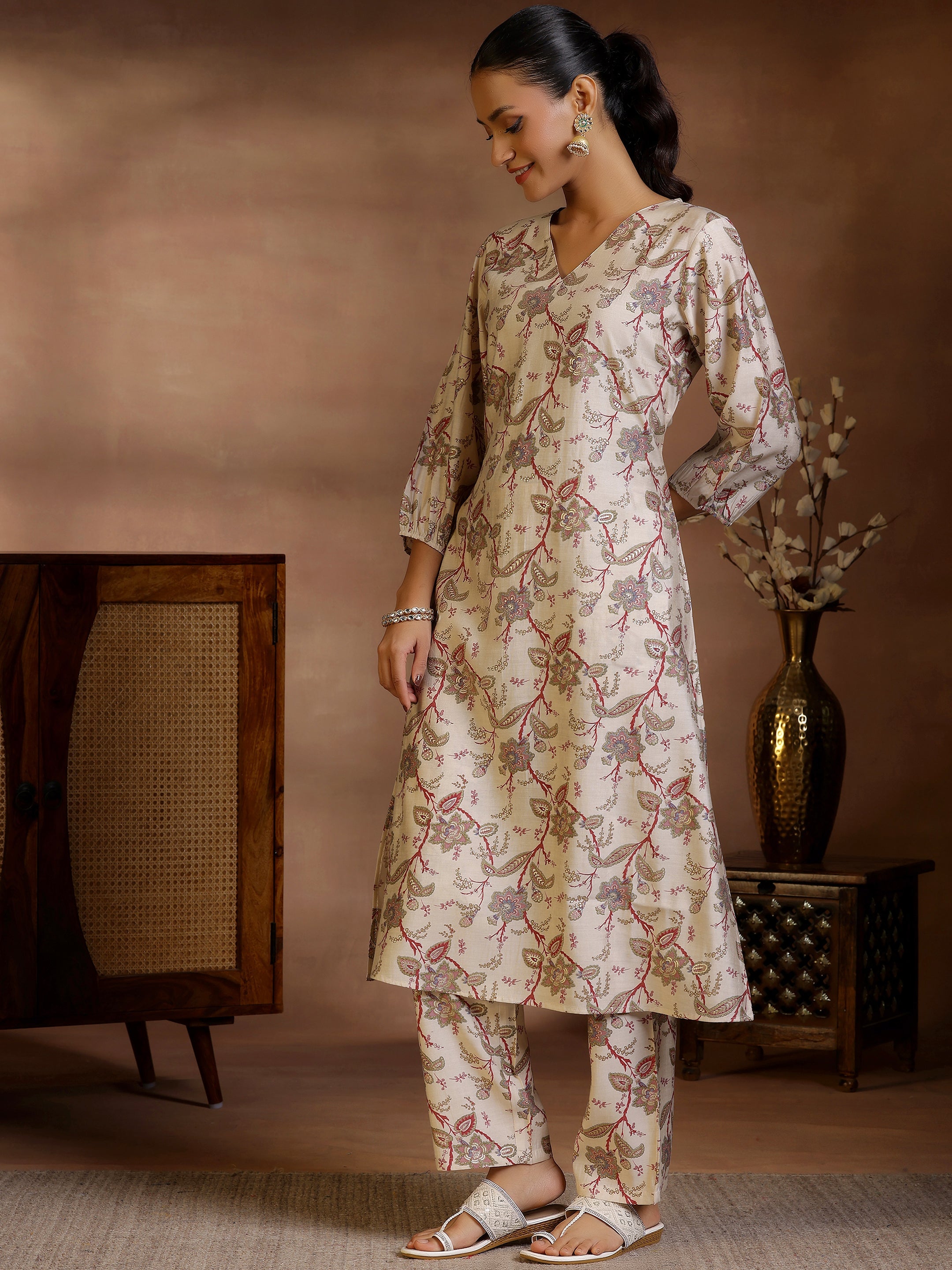 Beige Printed Silk Blend Co-Ords