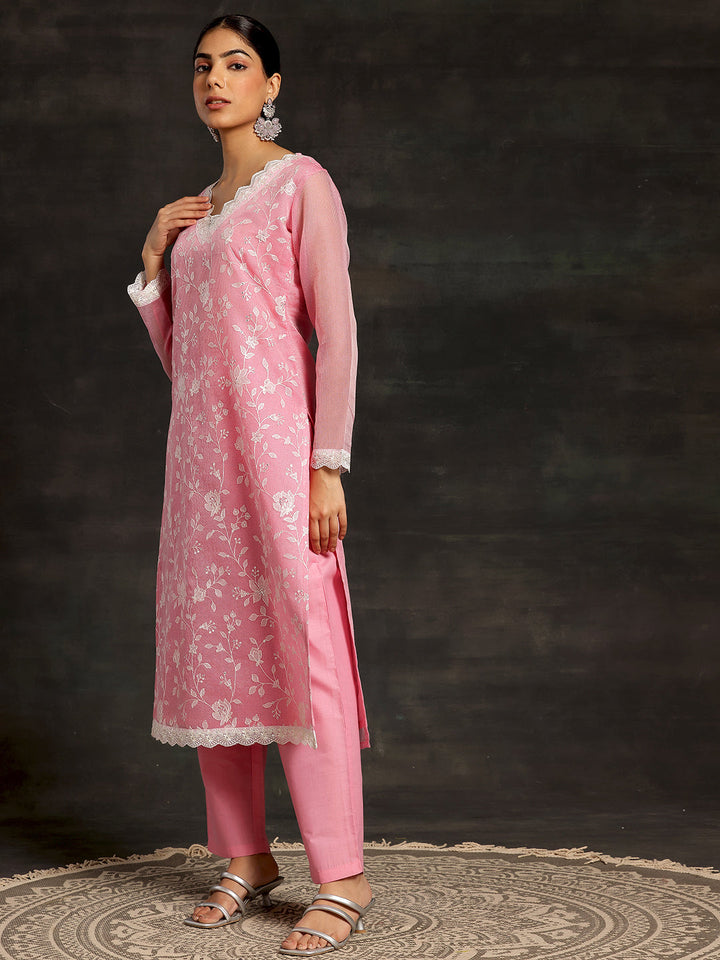 Pink Embroidered Cotton Straight Suit With Dupatta