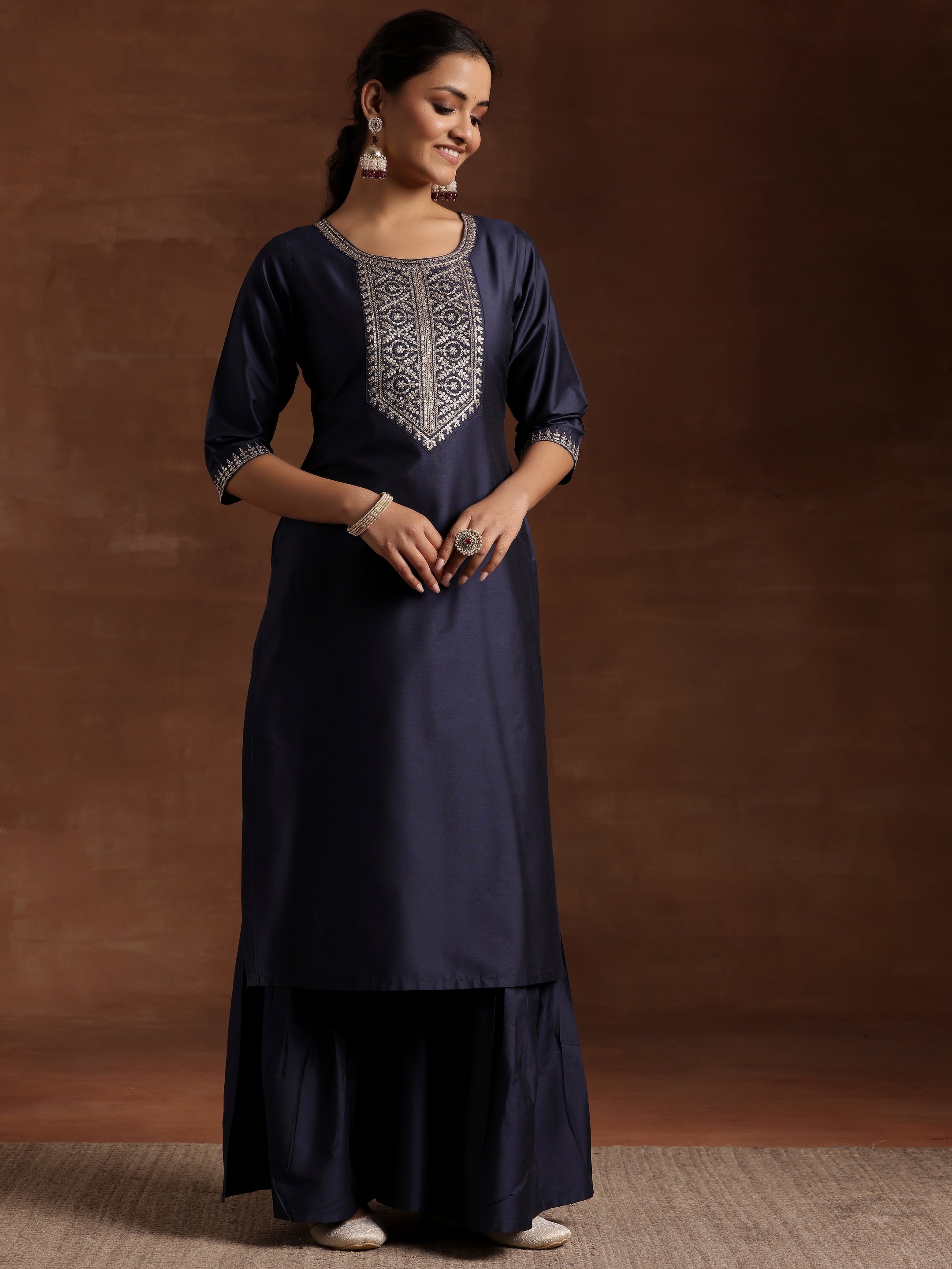 Blue Yoke Design Silk Blend Straight Suit With Dupatta